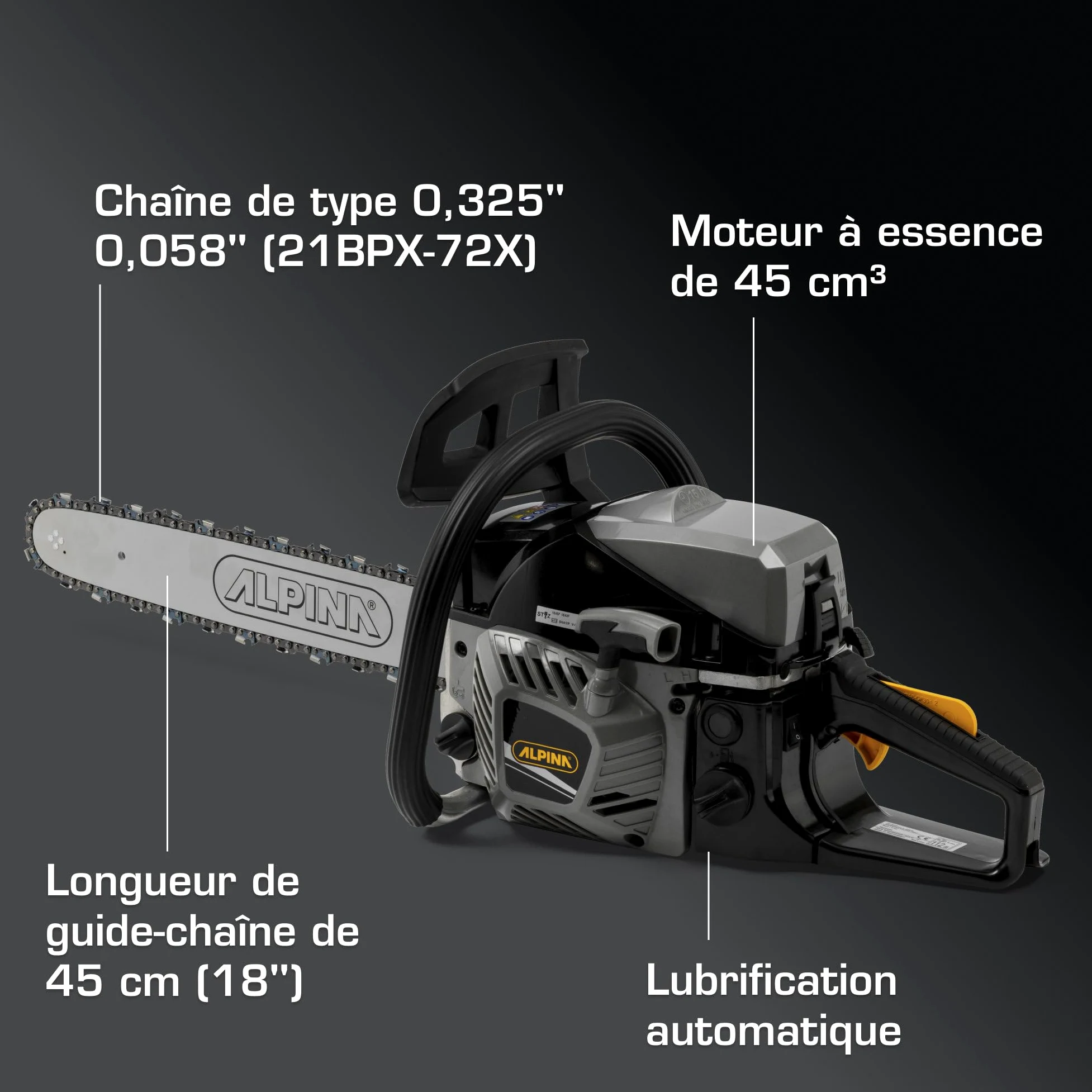 Alpina ACS 47 Tronçonneuse À Essence, 45 cm³, 45 cm – Pompe À Huile Automatique, Frein De Chaîne Double – Pour Coupe De Bois Domestique