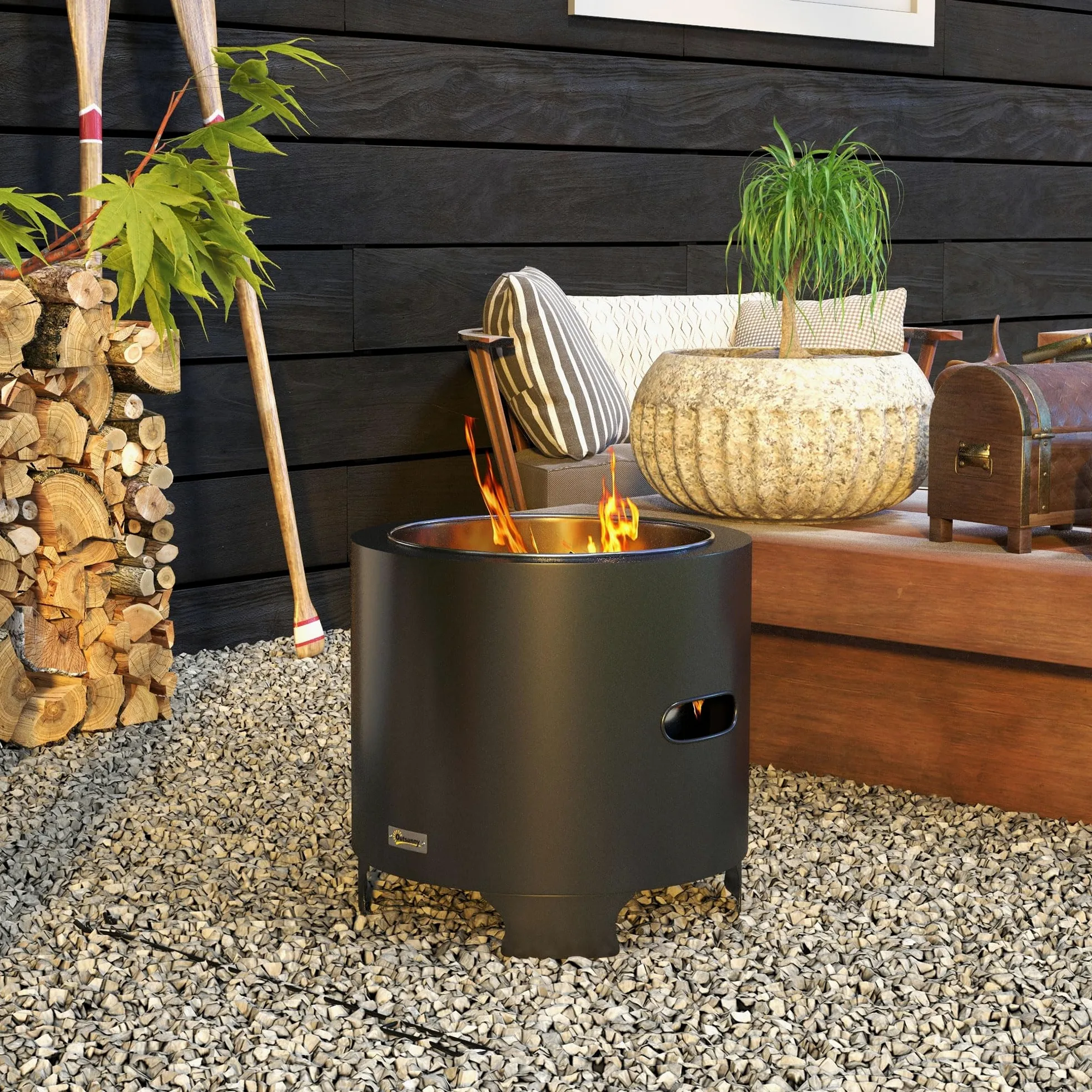 Outsunny Brasero sans fumée Rond Portable diamètre 45 cm Noir | foyer à bois extérieur, pot intérieur en acier inoxydable, tisonnier, poignées rainurées