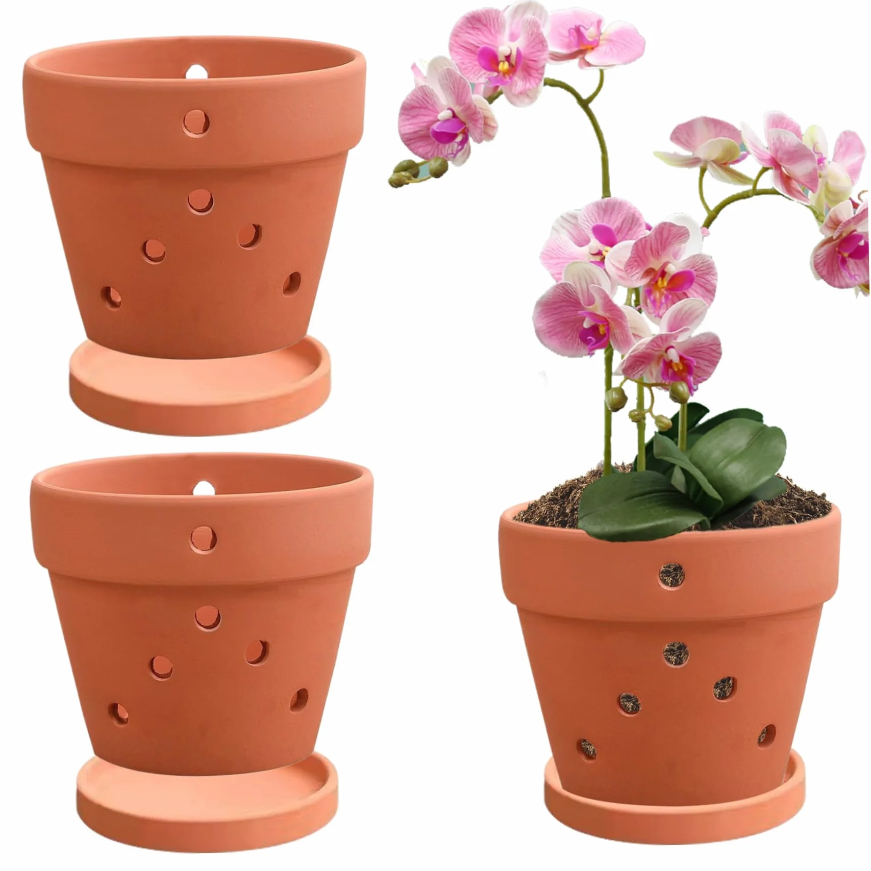 Pots d'orchidées en terre cuite avec trous 4 pouces 3 pièces soucoupes