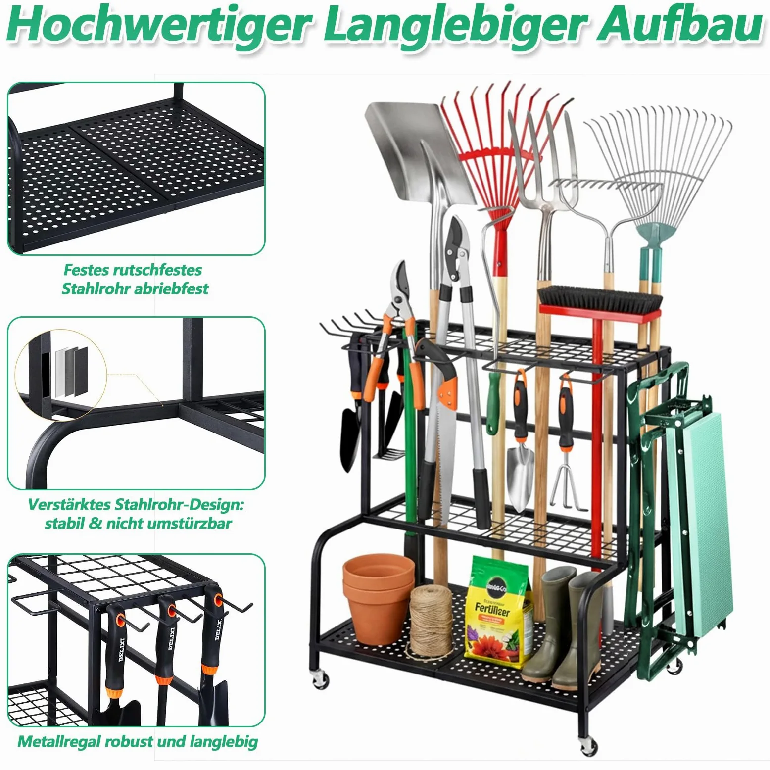 Support pour outils de jardin - 61 x 41 x 66 cm - Organiseur avec 78 compartiments de rangement | 11 crochets et roues pivotantes à 360°, étagère de rangement pour outils de jardin, en métal, noir