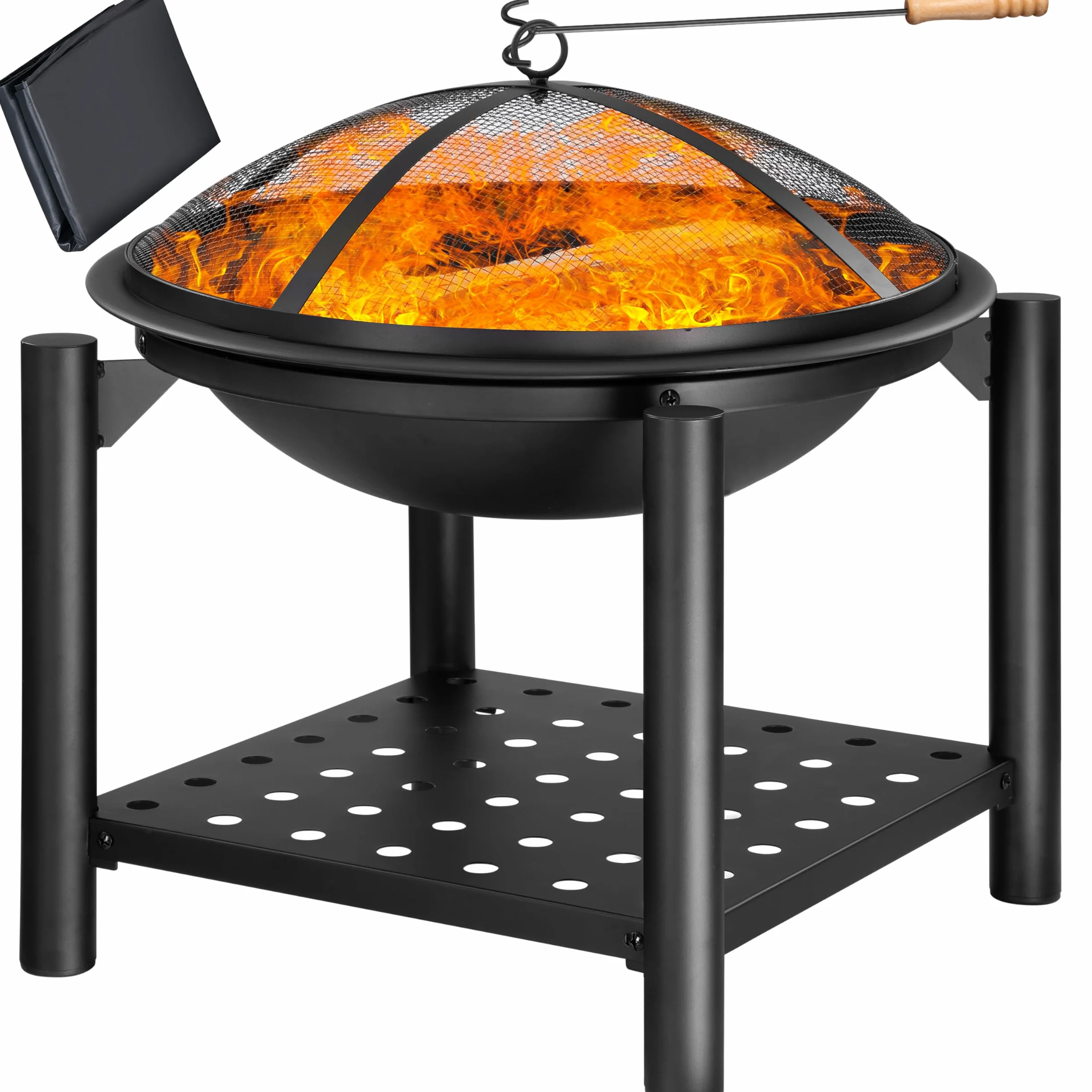 Gardebruk® Brasero de Jardin avec Pare-étincelles Couvercle tisonnier Ø55 cm Support à Bois Acier Noir Jardin Terrasse Cheminée