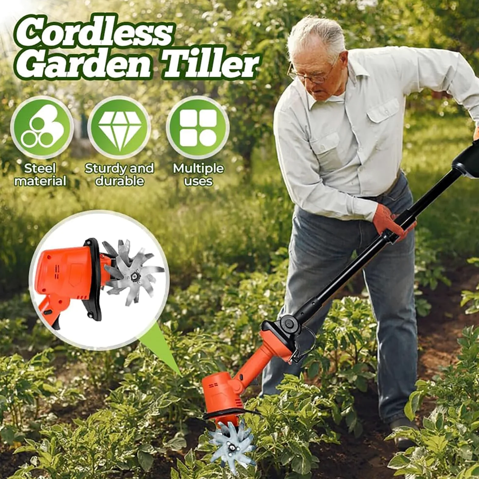 Mini cultivateur électrique sans fil 21V, rotavateur de jardin, 235 tr/min | Cultivateur de sol portatif avec 4 rangées de dents, chargeur de batteries 2x1,5 Ah, largeur de labourage de 10 cm