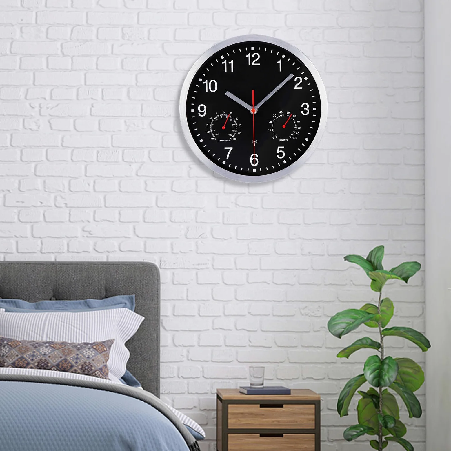 Horloge Murale Radio Pilotée avec Thermomètre et Hygromètre Pendule Murale Silencieuse et sans Tic-Tac de 25cm pour Salon, Cuisine, Bureau, Chambre