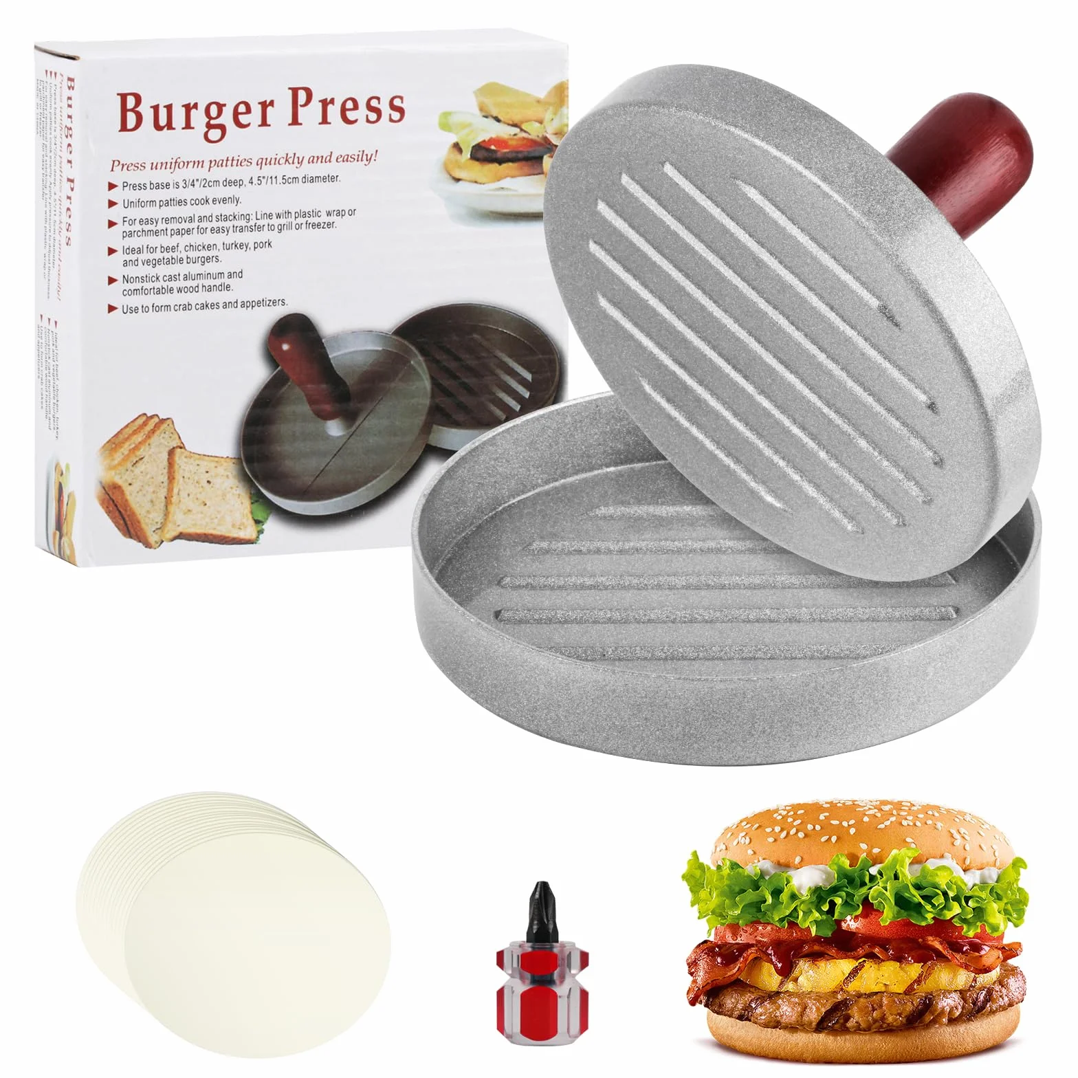 Presse à Burger en Aluminium avec 100 Papier Silicone, Moule à Viande pour Hamburgers