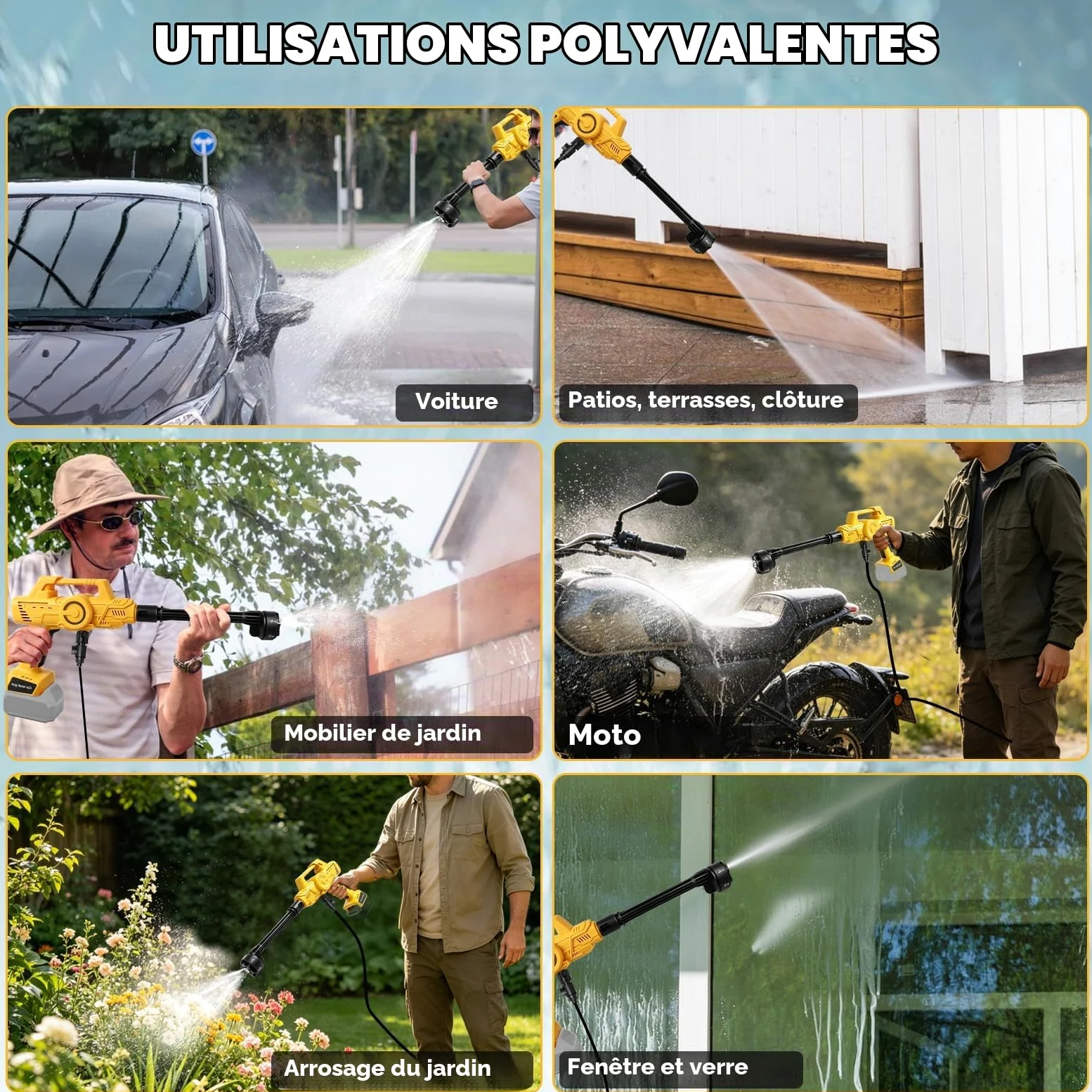 Nettoyeur haute pression sans fil compatible avec Dewalt 18/20 V, 21 000 tr/min, 69 bar, nettoyeur haute pression portable avec buse 6 en 1 pour nettoyer les sols, clôtures et murs de voiture, jaune