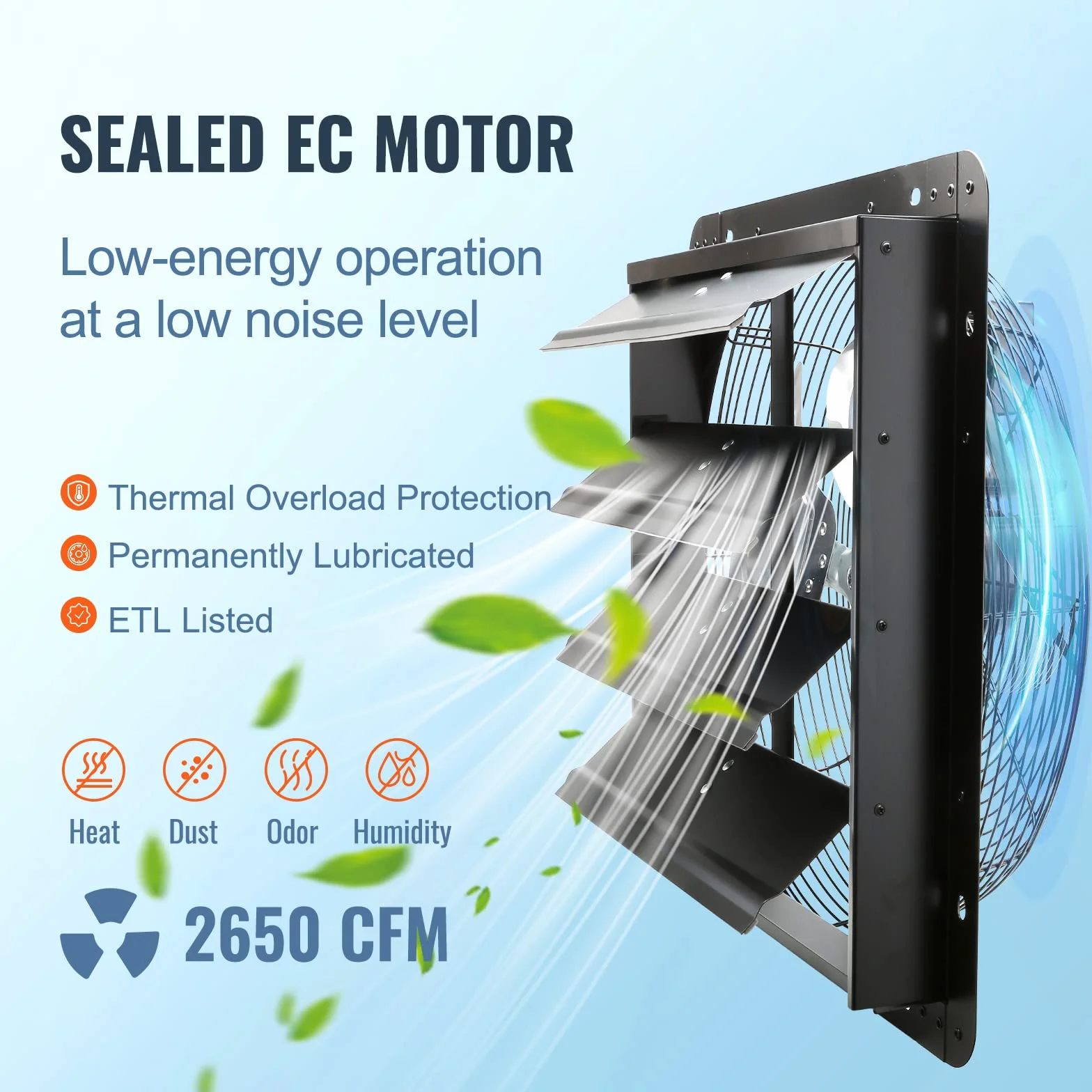 VEVOR Ventilateur d'extraction à volets 40,9 cm 2900 m³/h Moteur EC Contrôleur température humidité