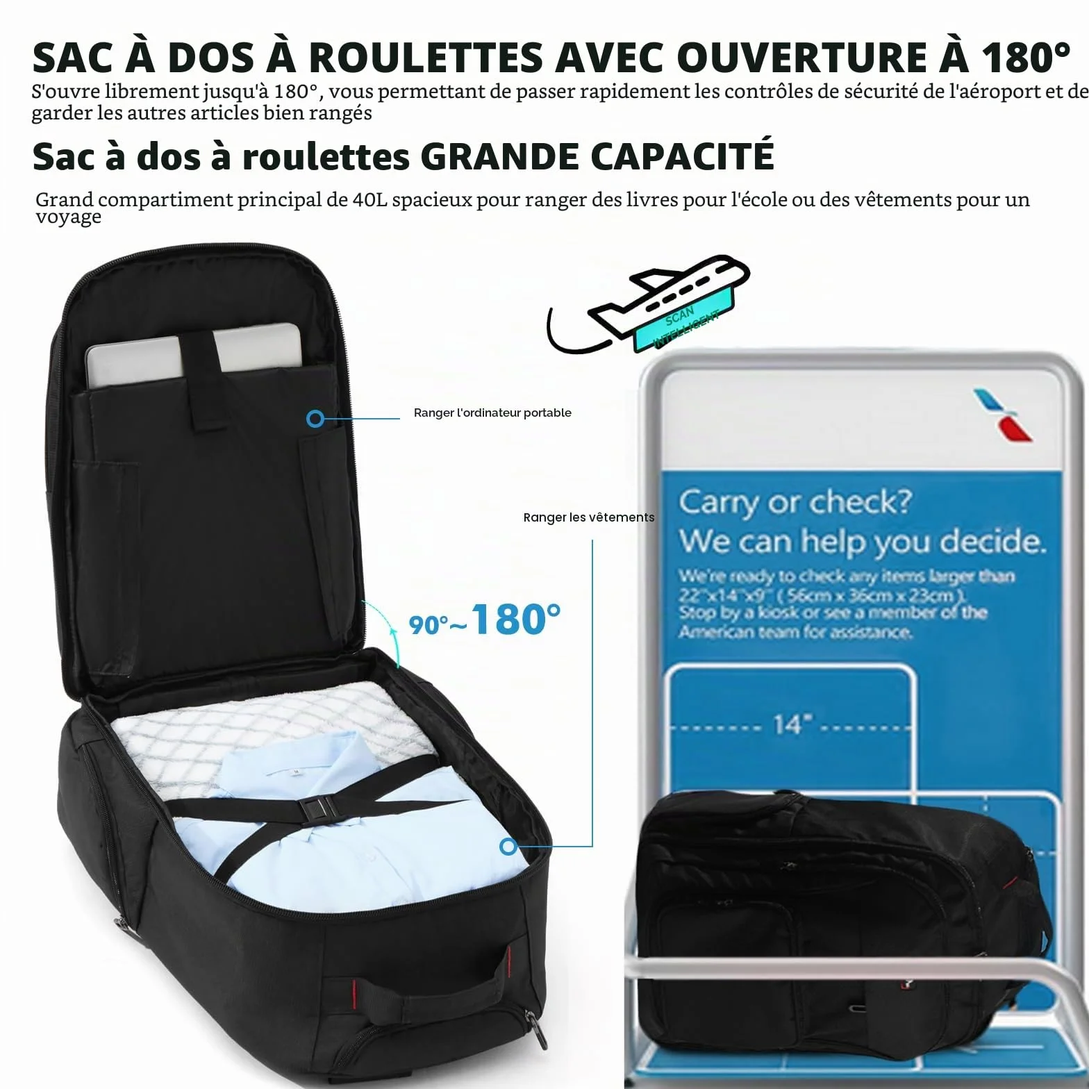 Sac à Dos à Roulettes 17,3 Pouces Bagage à Main Ordinateur Portable Noir Voyage