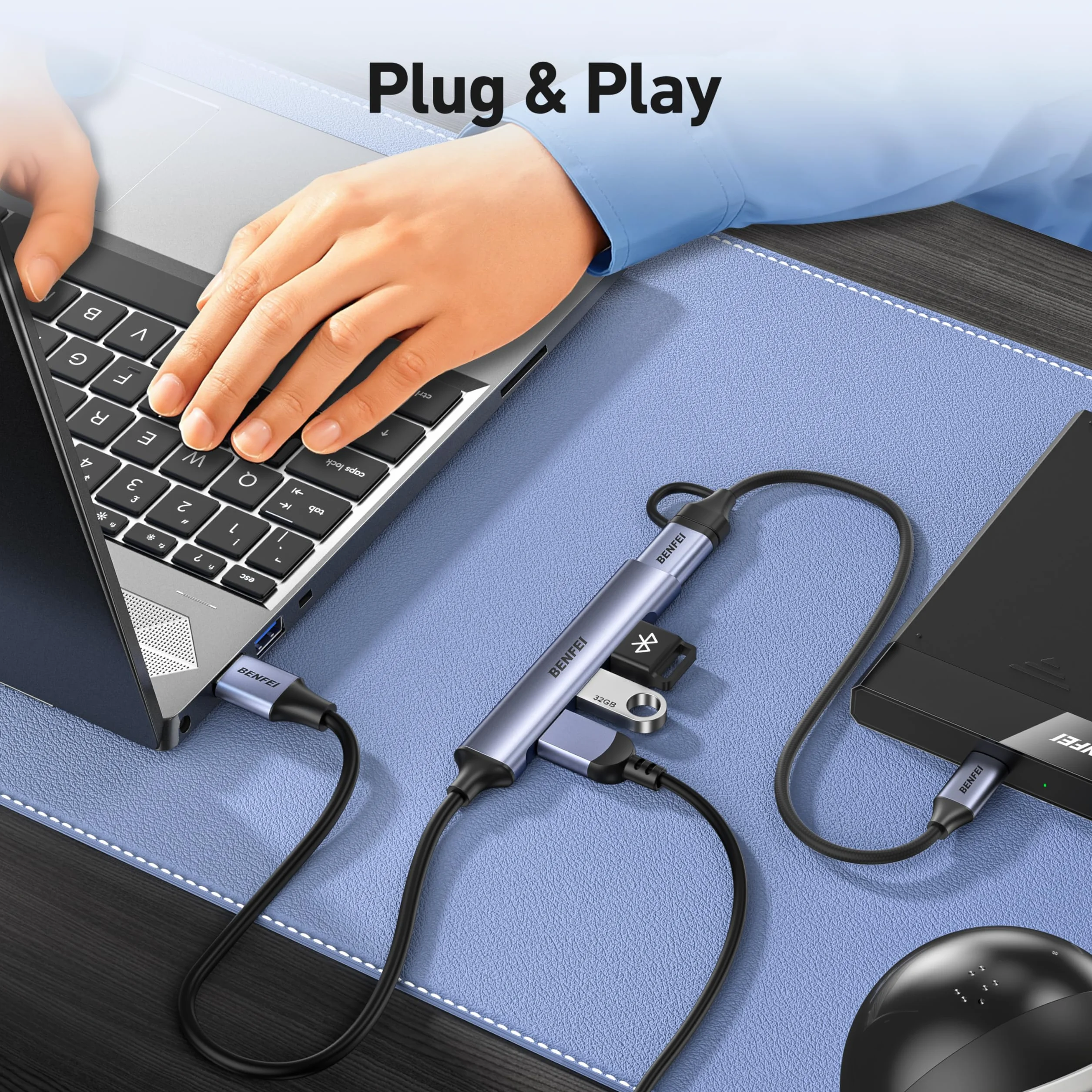 BENFEI Hub USB 4 Ports 10Gbps USB 3.2 USB 2.0 pour Ordinateur Portable PC