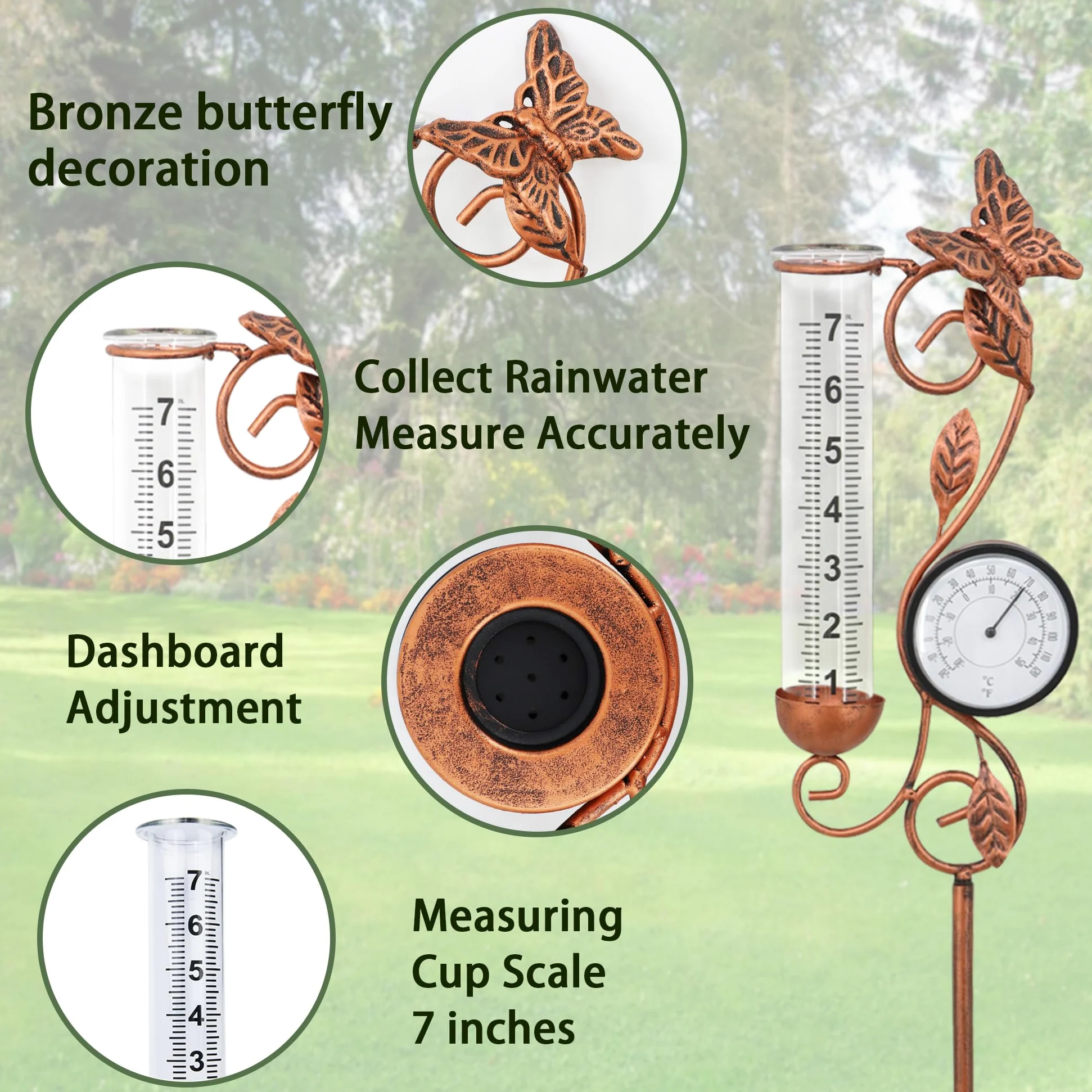 Pluviomètre papillon pour décoration de jardin, thermomètre de 81,3 cm, décoration de terrasse, 17,8 cm, tube de rechange en verre, température extérieure