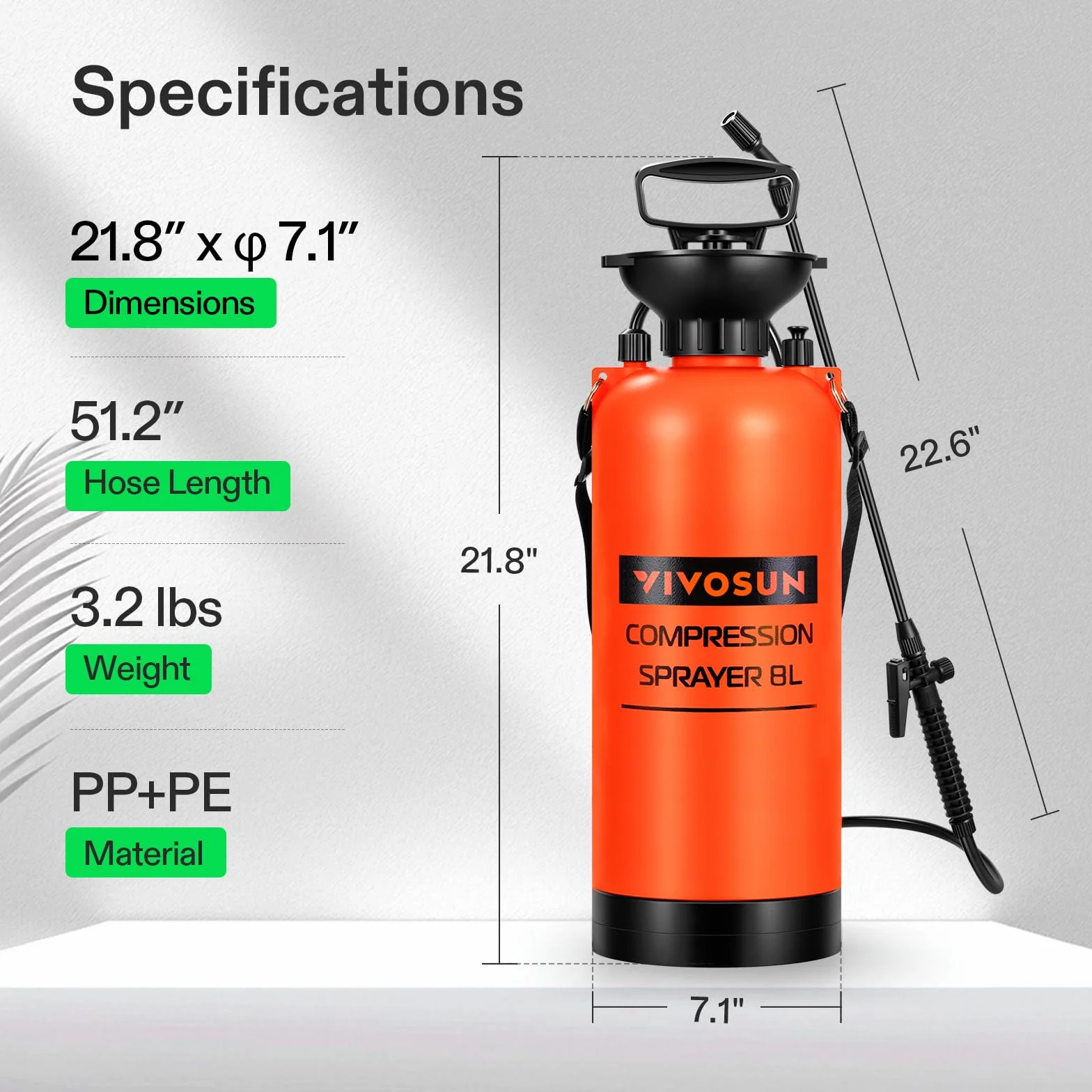 VIVOSUN Pulvérisateur à Pression 8L avec Sangle d'Épaule Réglable, Flacon d'Eau Pressurisé pour Pelouse et Jardin, pour l'Arrosage des Plantes, l'Entretien du Jardin et le Nettoyage Domestique, Orange