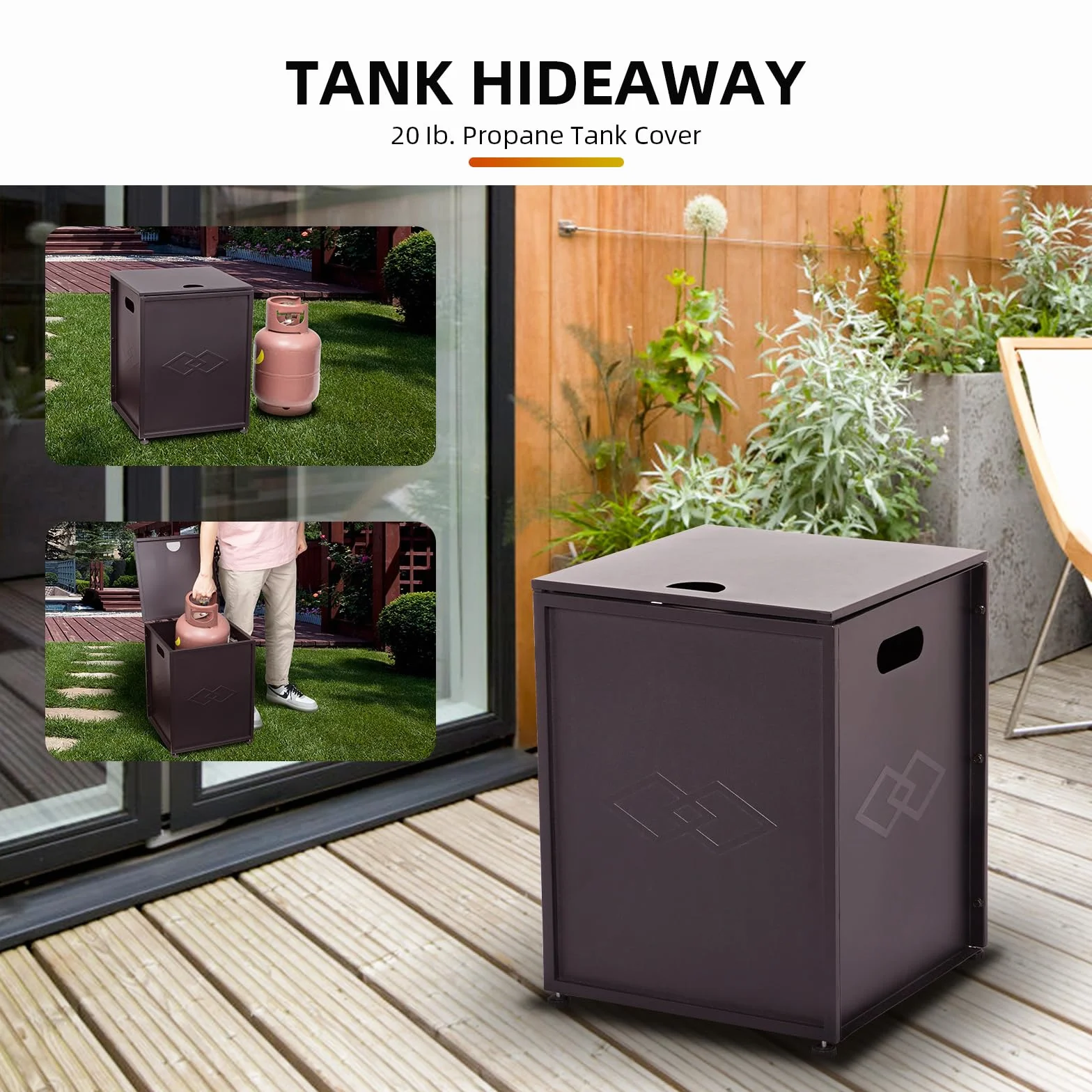 Garvee Table Cache-Bouteille pour bonbonne de Propane 20 LB – Boîte de Rangement extérieur en métal résistante – Bronze-Diamond