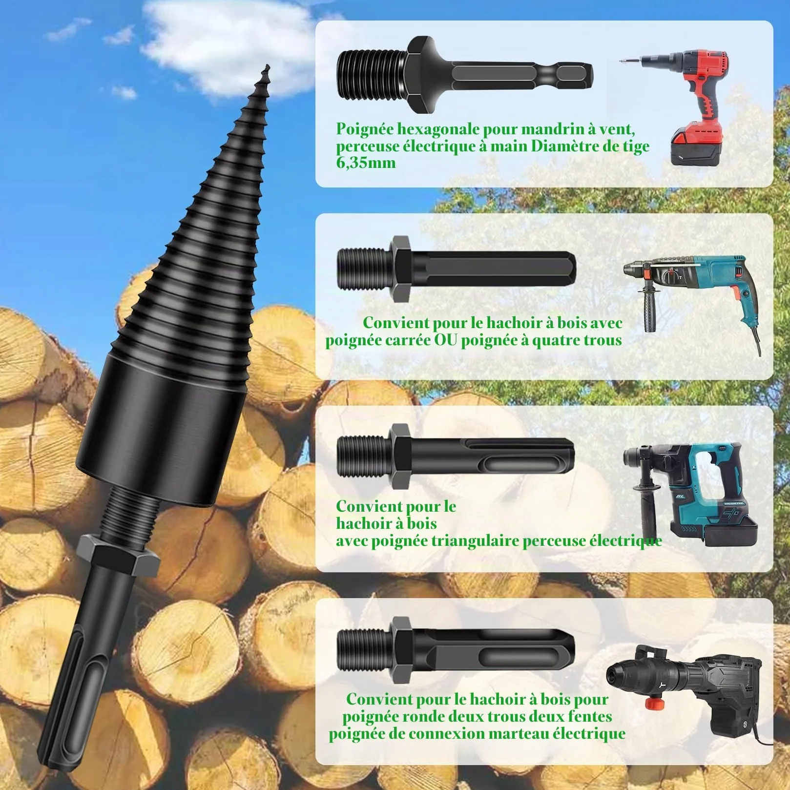 Herbst Foret fendeur de bois 50 mm cône de perçage 32 mm 4 poignées fendeur conique