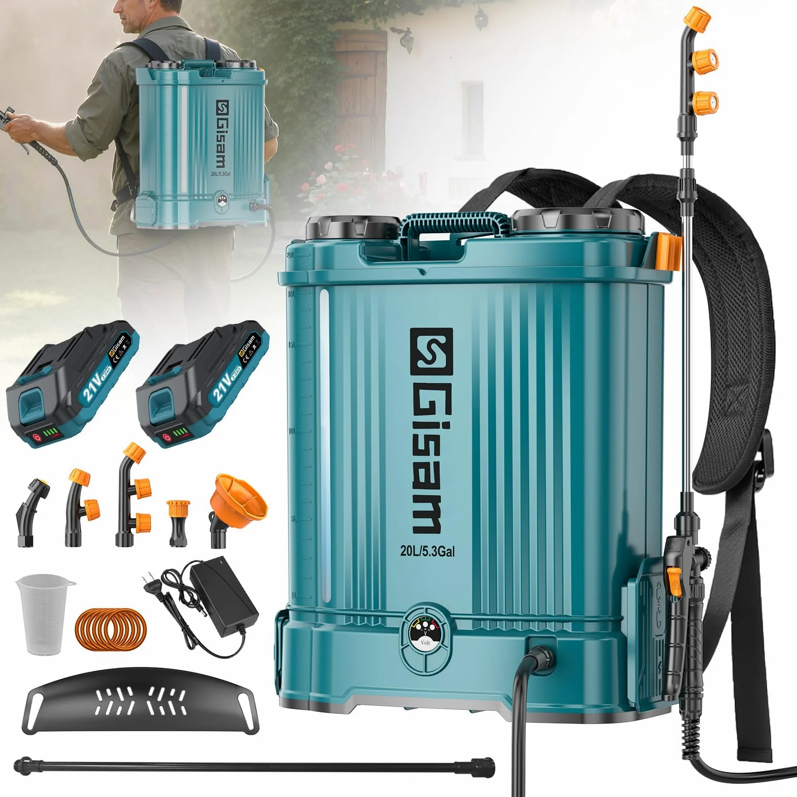 20L Pulverisateur Electrique, Pulvérisateur de Jardin 120 PSI avec 2 * 2.0Ah, 5 Buses, Perche Télescopique pour L'arrosage, La pulvérisation de Pesticides et Le Nettoyage D'appareils (Bleu-1)