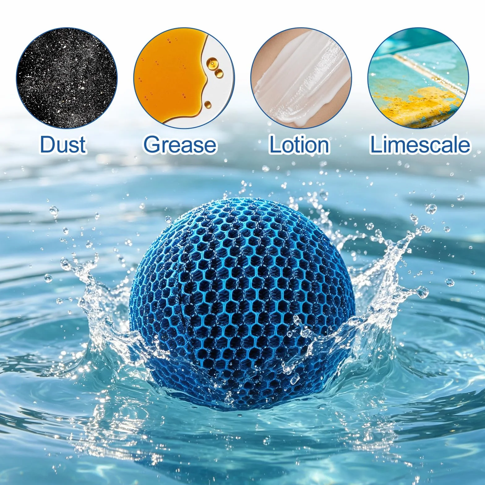 Absorbeur d'huile pour Piscine 4 pièces, Boules éponge réutilisables 70 mm Bleues