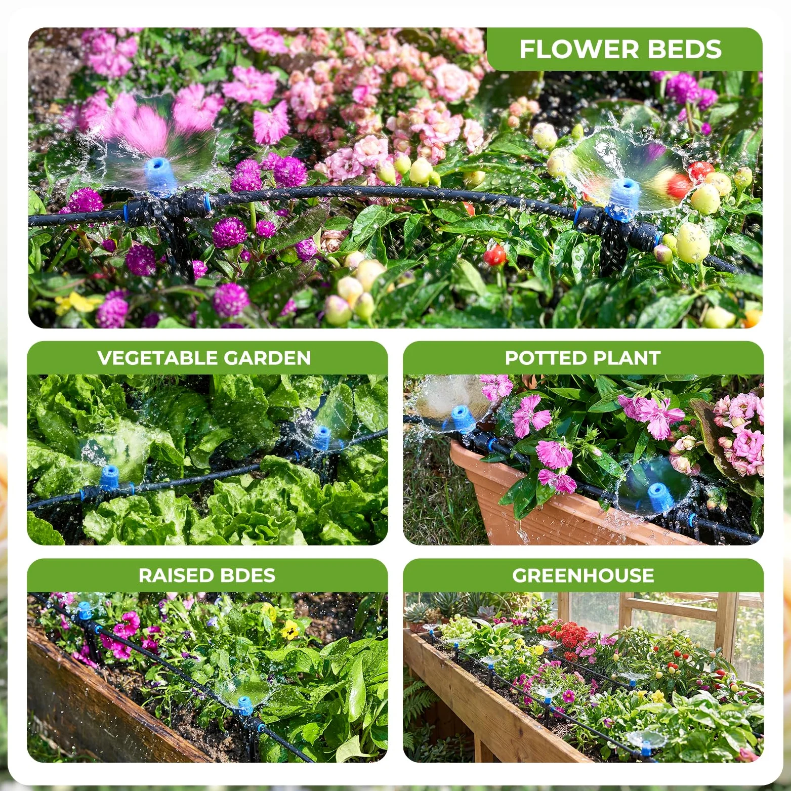 HIRALIY Système d'arrosage de jardin à connexion rapide avec goutteurs à vortex réglables, économie d'eau, kit d'irrigation goutte à goutte automatique pour parterre surélevé et plantes potager