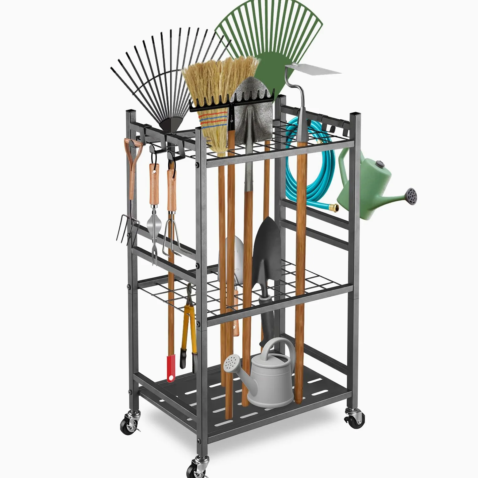 Organisateur d'outils de Jardin 40 Emplacements et 6 Crochets, Support Rangement Outils pour Jardin en Carbone, 42*30*80cm, Étagère de Rangement pour Garage Pelouse Abri Balai Pelle Râteau