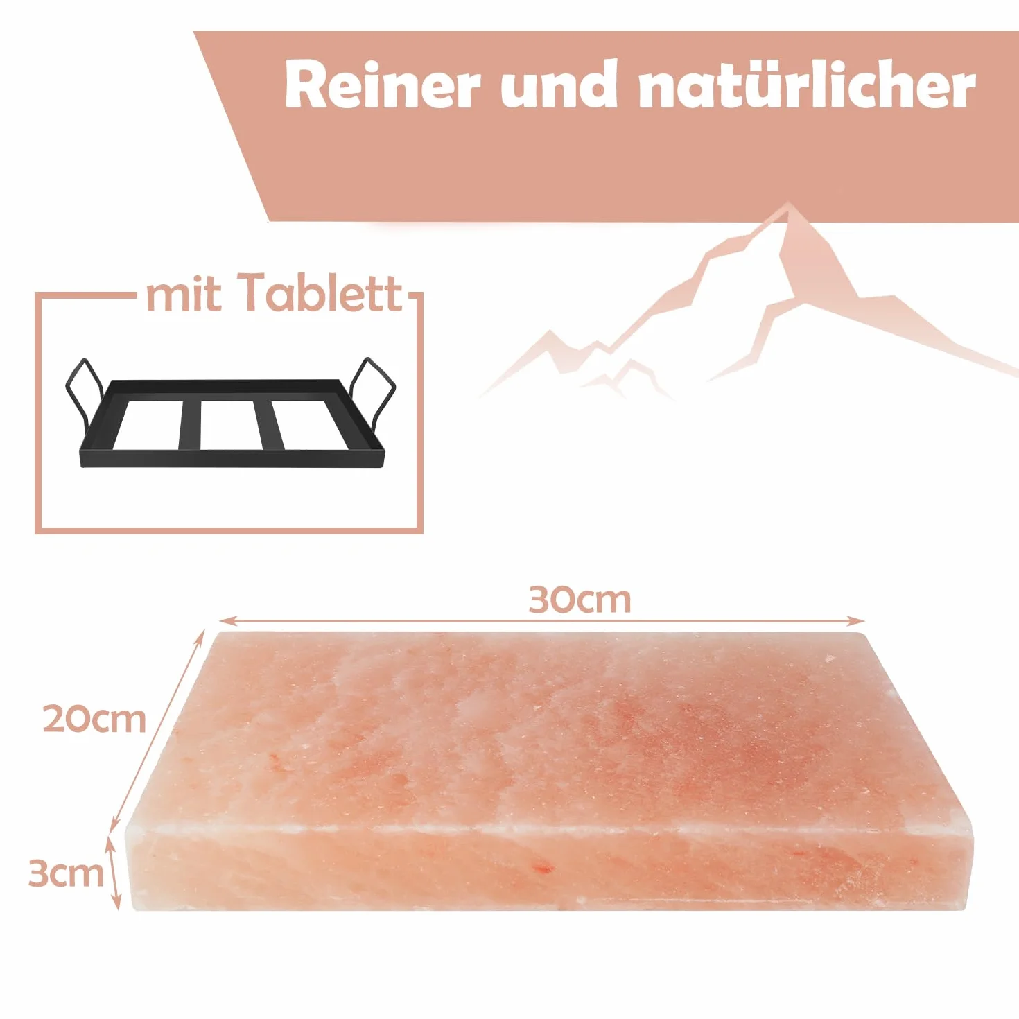Pierre de sel XXL pour griller 20 x 30 x 3 cm avec plaque de fer réutilisable