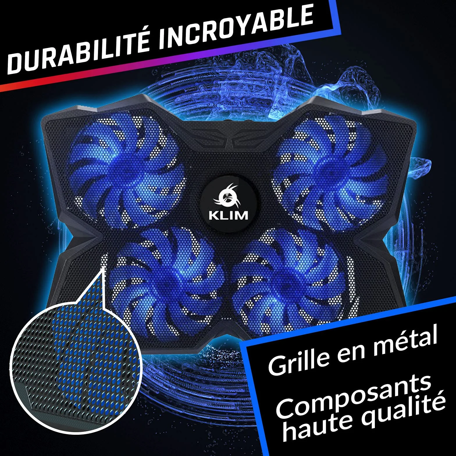 KLIM Wind Refroidisseur Ordinateur Portable 4 Ventilateurs Silencieux Bleu