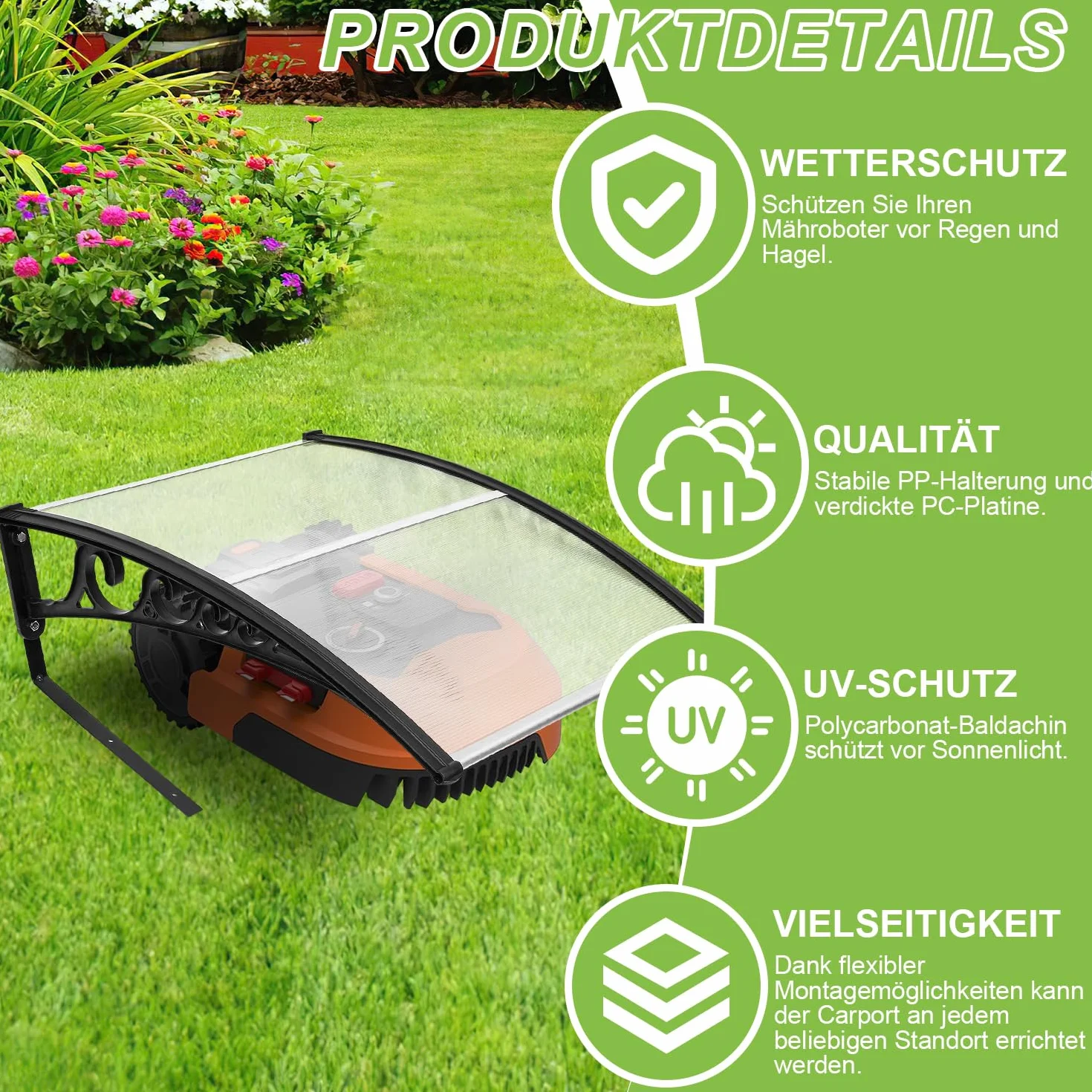 Daromigo Robot tondeuse garage toit abri de voiture pour tondeuse à gazon robot robot 106 x 87 x 50 cm en polycarbonate pour tondeuse robot tondeuse automower protection contre la pluie