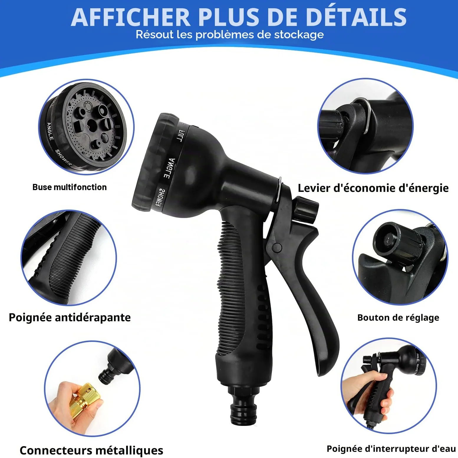 Tuyau d'arrosage flexible extensible de 30 m avec buse de pulvérisation 8 fonctions, 3 tuyaux d'arrosage extensibles durables avec connecteurs en laiton anti-fuite de 1,9 cm et 1,27 cm pour jardinage