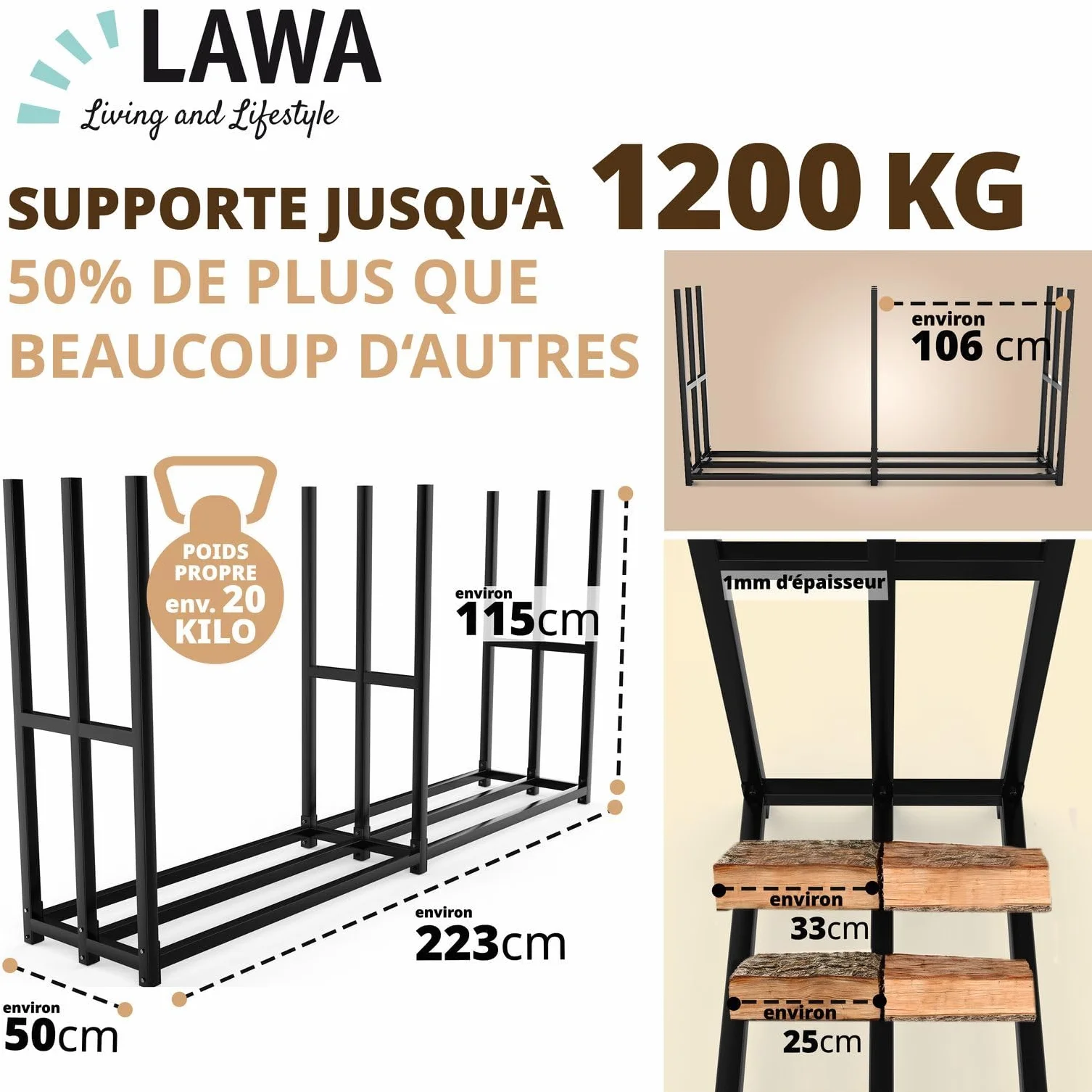LAWA Porte-bûches extérieur métal galvanisé 223x50x115 cm Support 25-33 cm