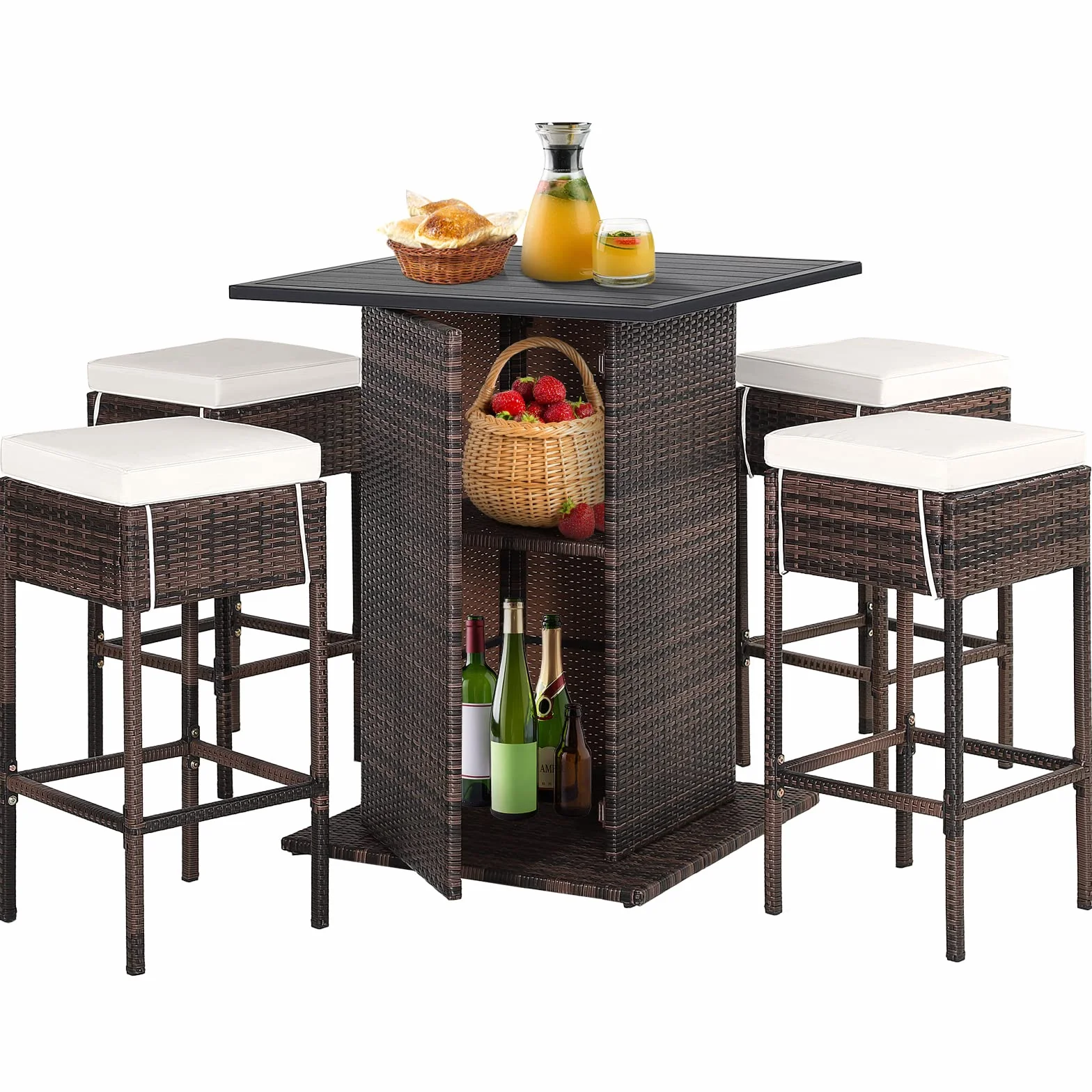 GIANTEX Ensemble de bar extérieur en rotin 5 pièces, table et 4 tabourets hauts avec coussins amovibles