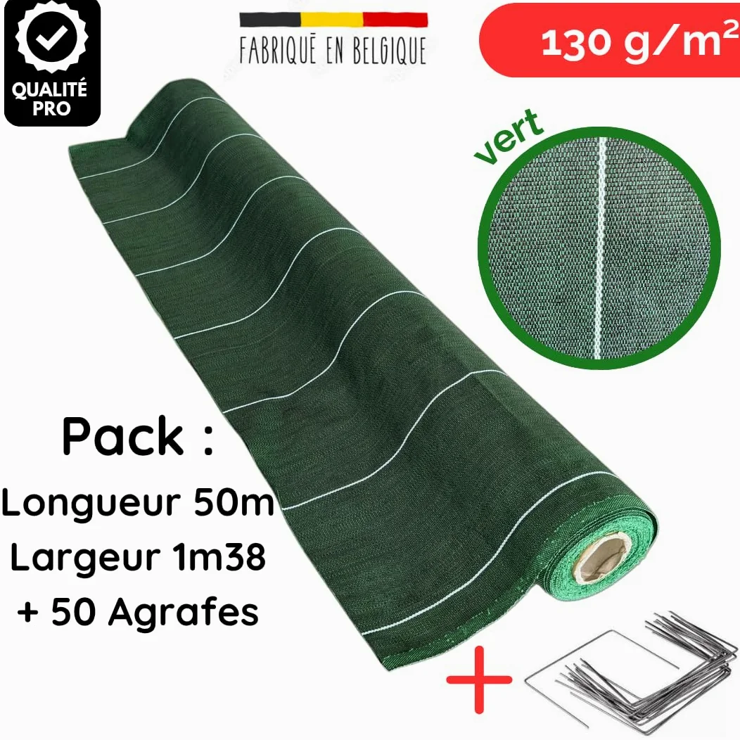 Pack Agrafes et Toile de paillage - Anti Mauvaises Herbes Rouleau Longueur 50m Largeur 1,38m - Lot Bache Vert 130gr par m2 - Geotextile - ZENLYS