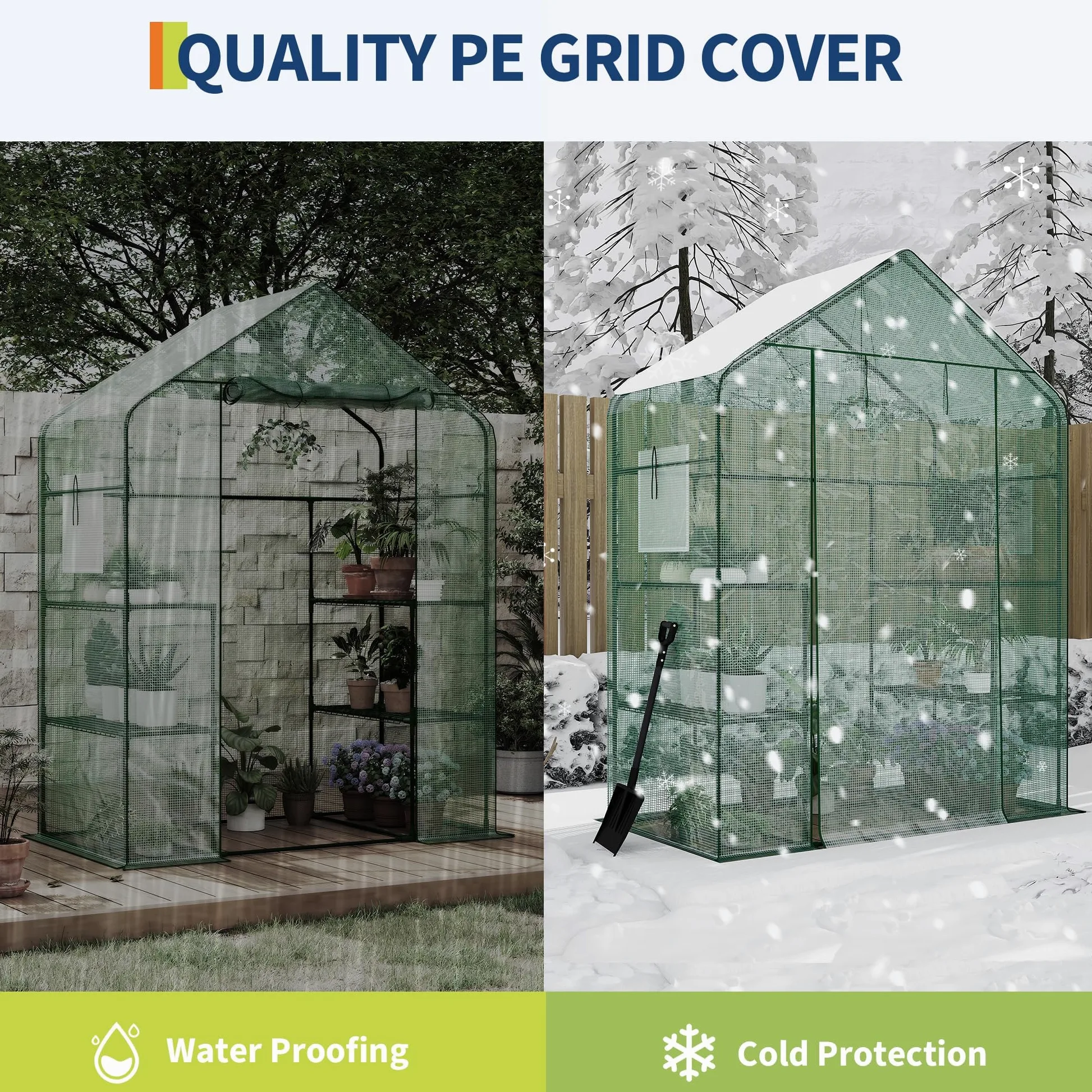 Garvee Serre de jardin à abri Walk-in, 143 x 73 x 195 cm, serre pour plantes avec couverture en polyéthylène 140 g, imperméable et structure en acier, 4 étagères amovibles, 1 porte et 2 fenêtres, vert
