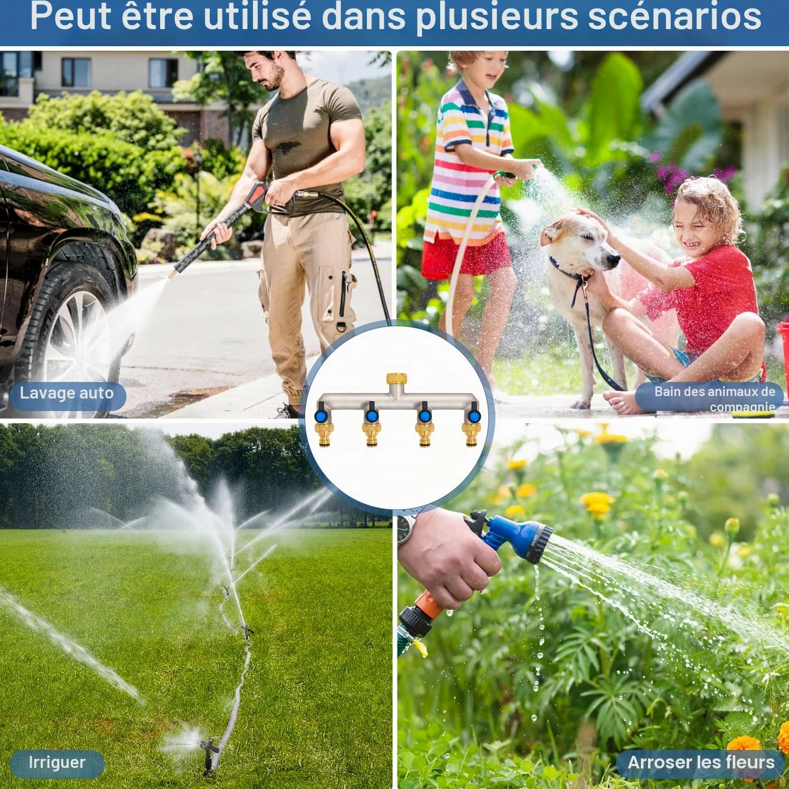 Distributeur d'eau 4 voies en laiton pour 4 appareils/tuyaux d'arrosage, 4 adaptateurs 3/4" 1/2" avec robinet à boisseau sphérique pour régler et fermer le débit d'eau