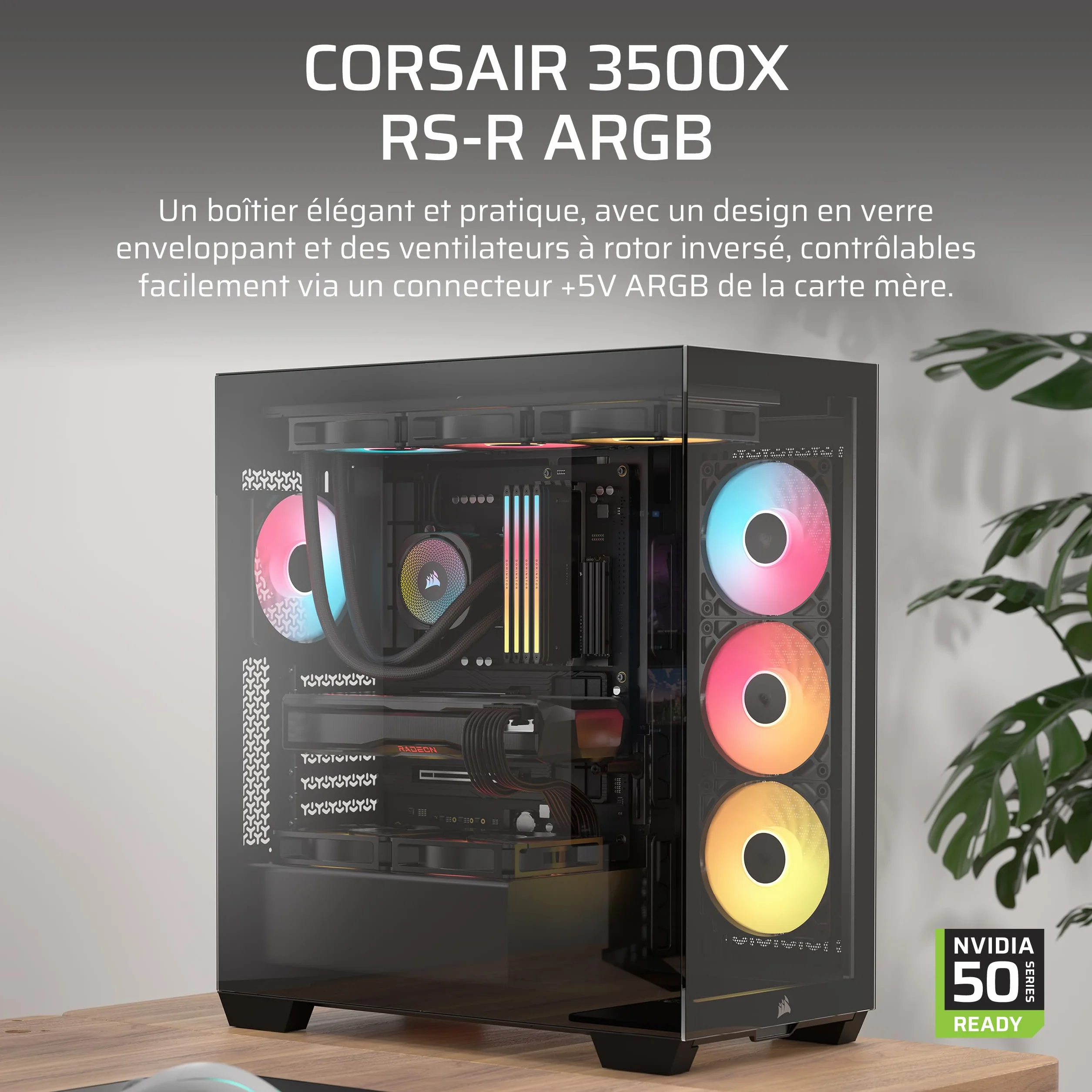 CORSAIR 3500X RS-R ARGB Boîtier PC Mi-Tour Vitre Panoramique 3 Ventilateurs RS120-R ARGB Noir