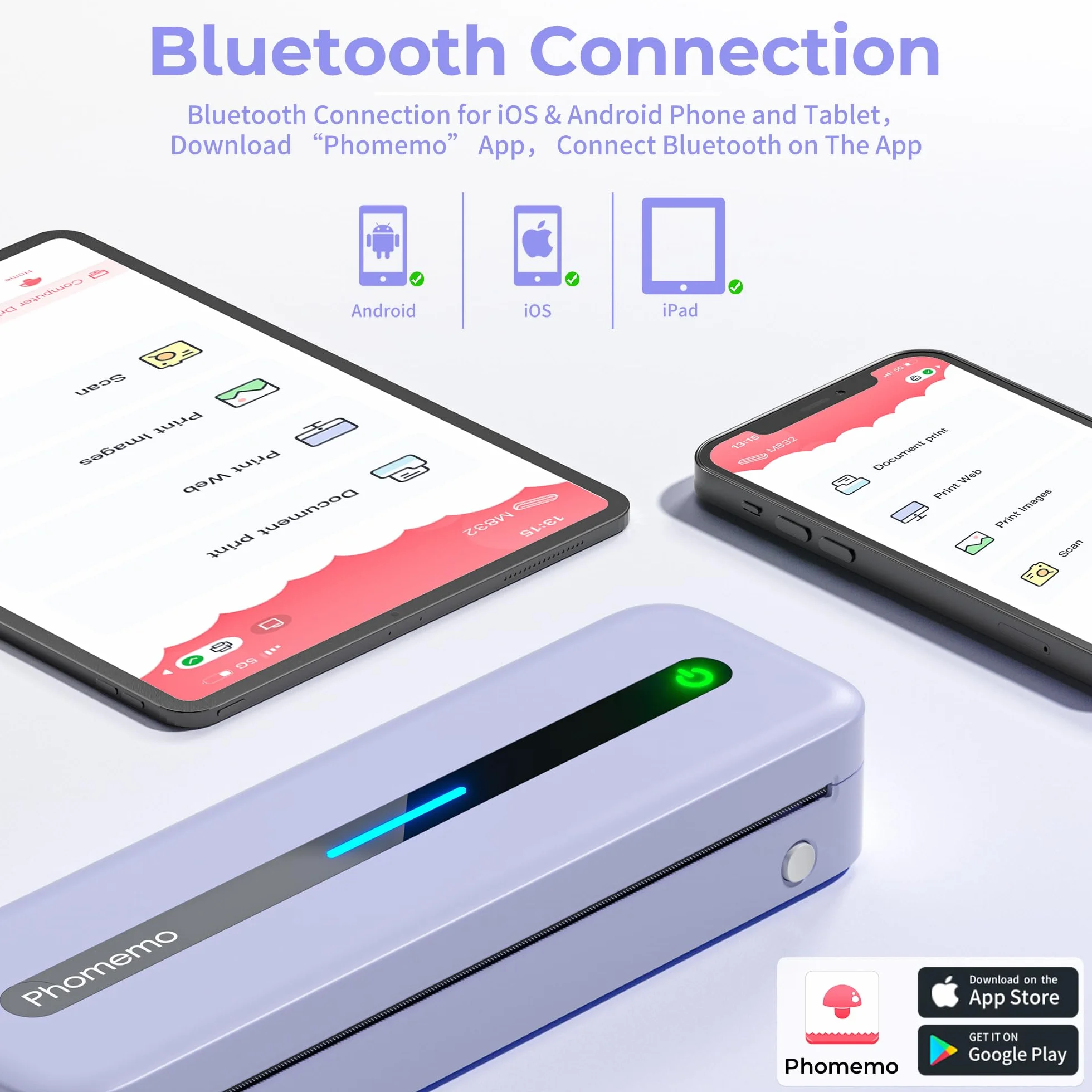 Phomemo M832 Imprimante Portable A4 Thermique Compatible Android iOS sans Encre Violet
