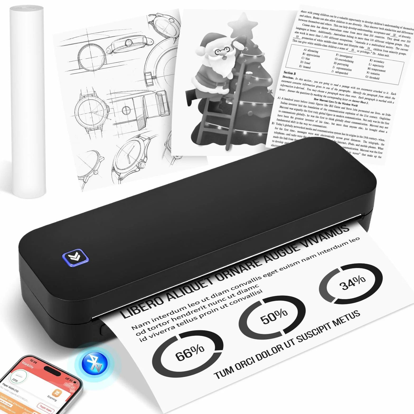 Imprimante Portable A4 Bluetooth Thermique Compacte, Compatible Android iOS, 210x297mm, Noir