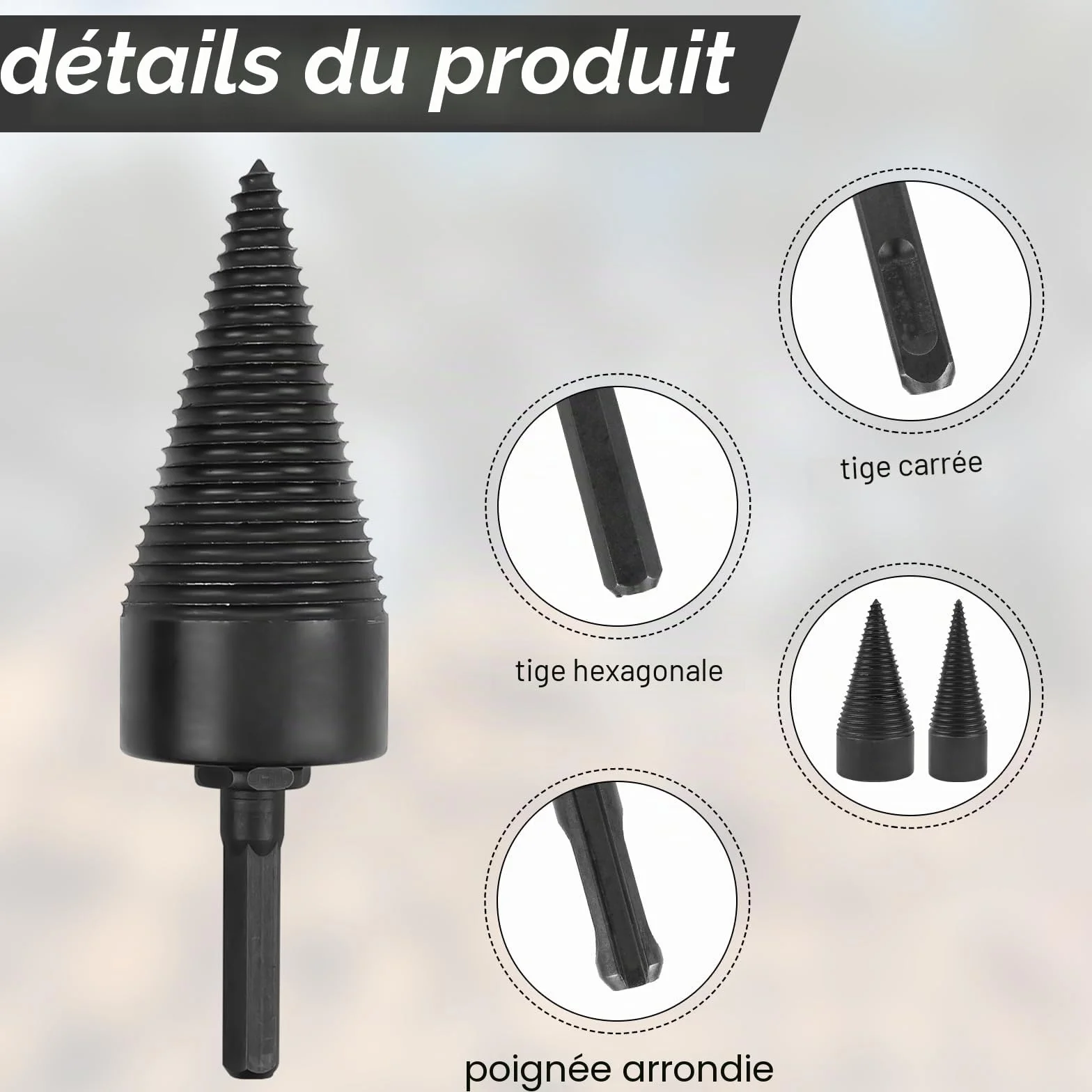 Fendeur de Bûche Cône 32mm 42mm Mèche pour Fendre le Bois Foret à Bois