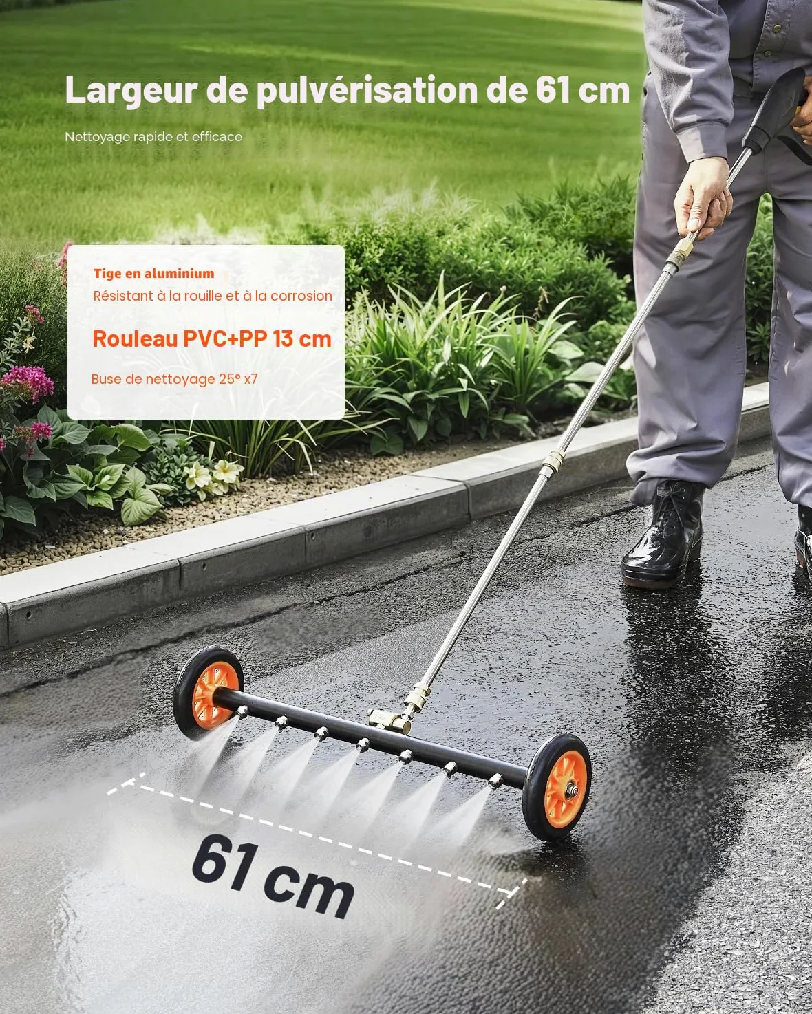 VEVOR Nettoyeur de Surface pour Nettoyeur Haute Pression 590 mm, Accessoire Nettoyeur Sol en Acier INOX sur Roues, 275 Bar Max. mécanisme de réglage d'angle 7 Buses pulvérisation 2 tiges d'extension