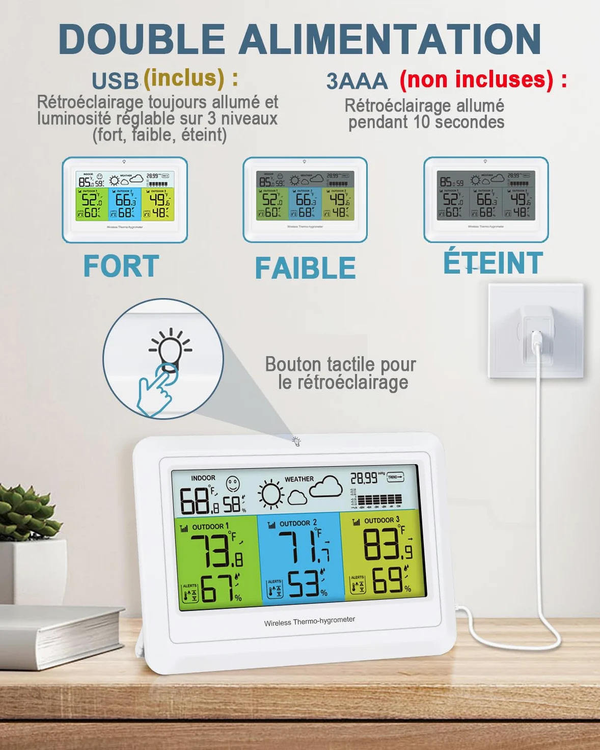 Station météo sans fil avec 3 capteurs extérieurs, écran LCD couleur avec prévisions météorologiques, pression atmosphérique, thermomètre intérieur extérieur, portée jusqu'à 100 m, blanche