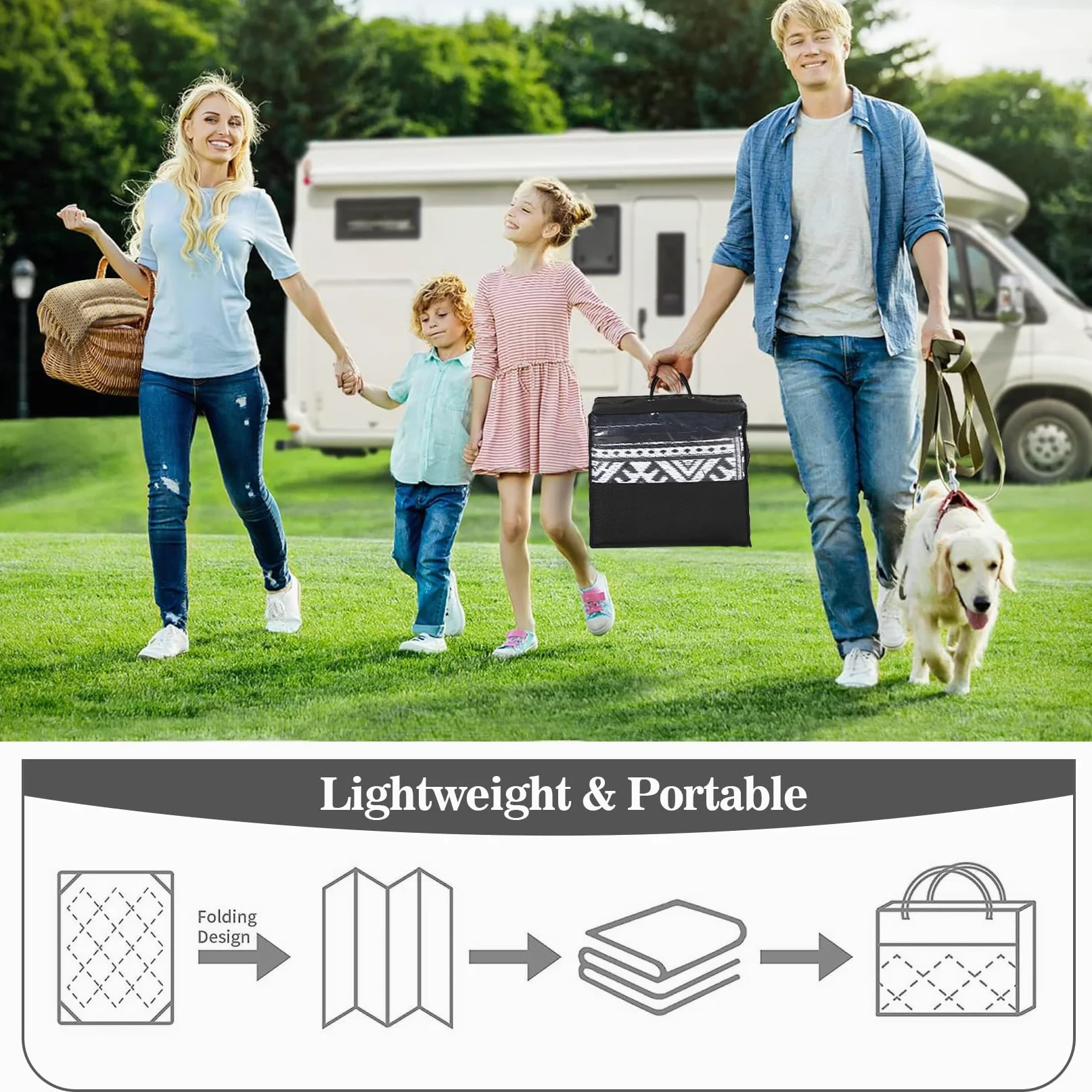 Tapis d'extérieur réversible imperméable pour terrasse 240 x 300 cm | Tapis d'extérieur léger et pliable en paille en plastique pour camping-car, porche, balcon, jardin, pique-nique, noir/blanc