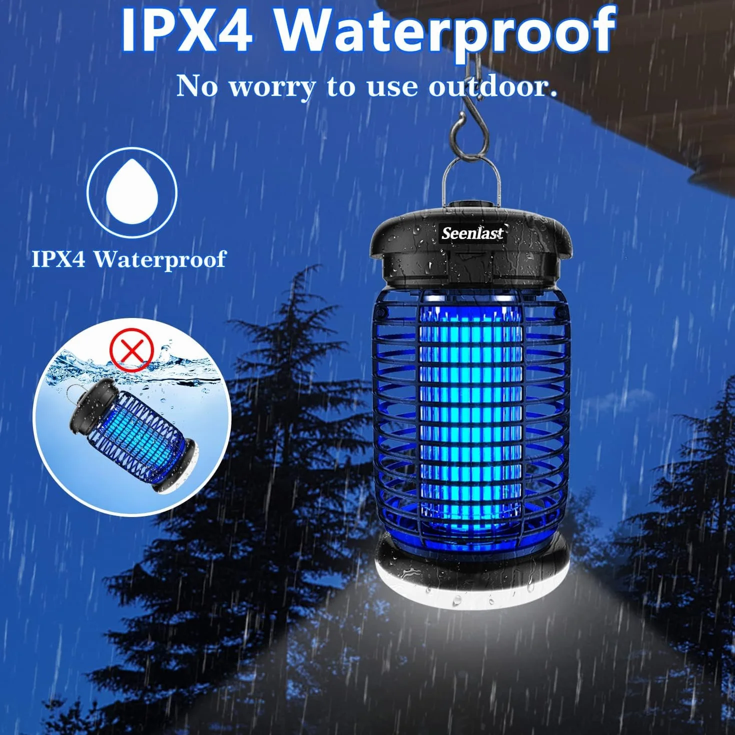 seenlast Lampe Anti Moustique 15W 4200V UV Tueur d'Insectes Électrique Étanche 140m² Intérieur Extérieur