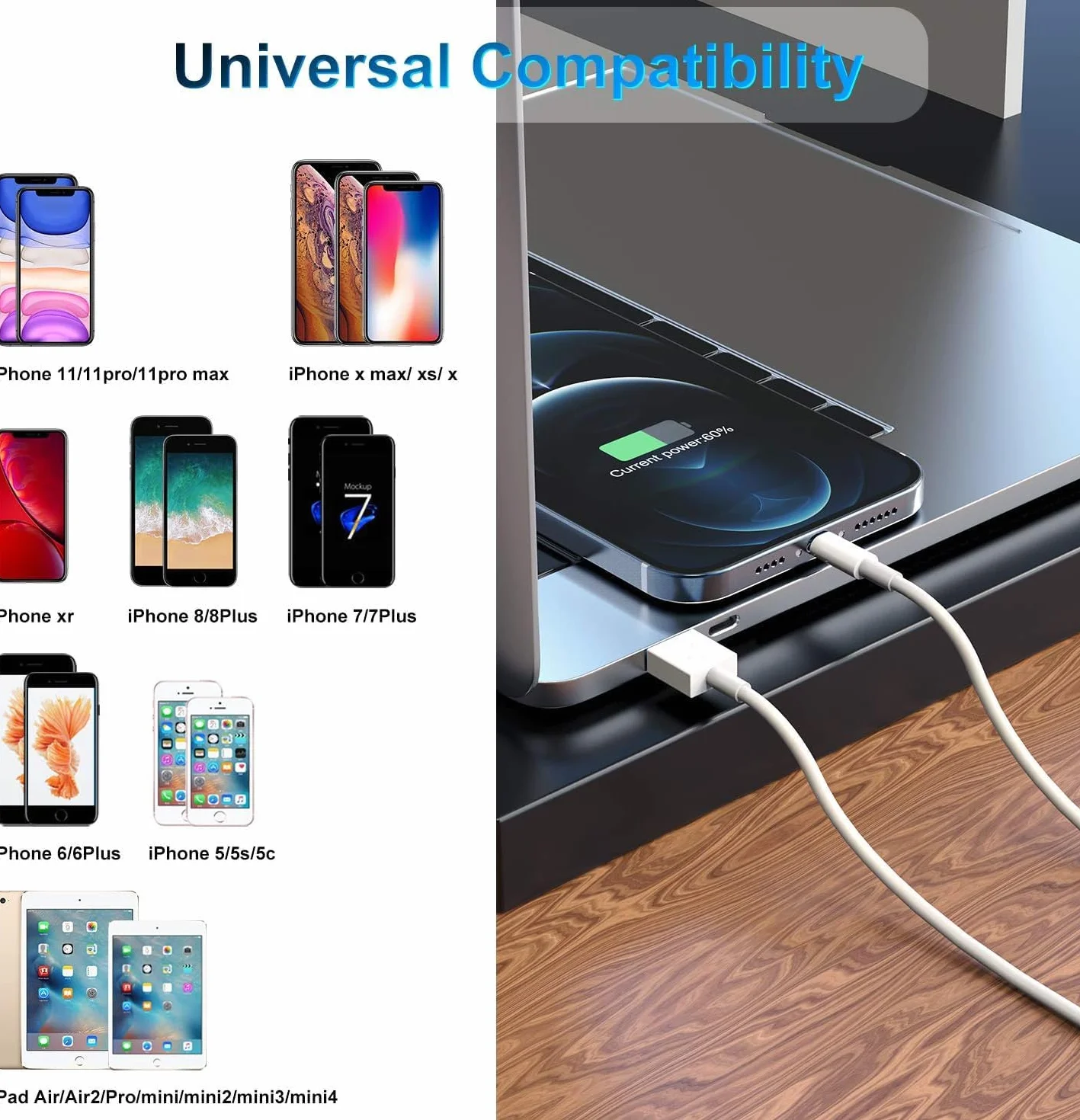 Câble Chargeur iPhone MFi Apple 1m Lightning vers USB pour iPhone 12/11/X/8/7/6 iPad