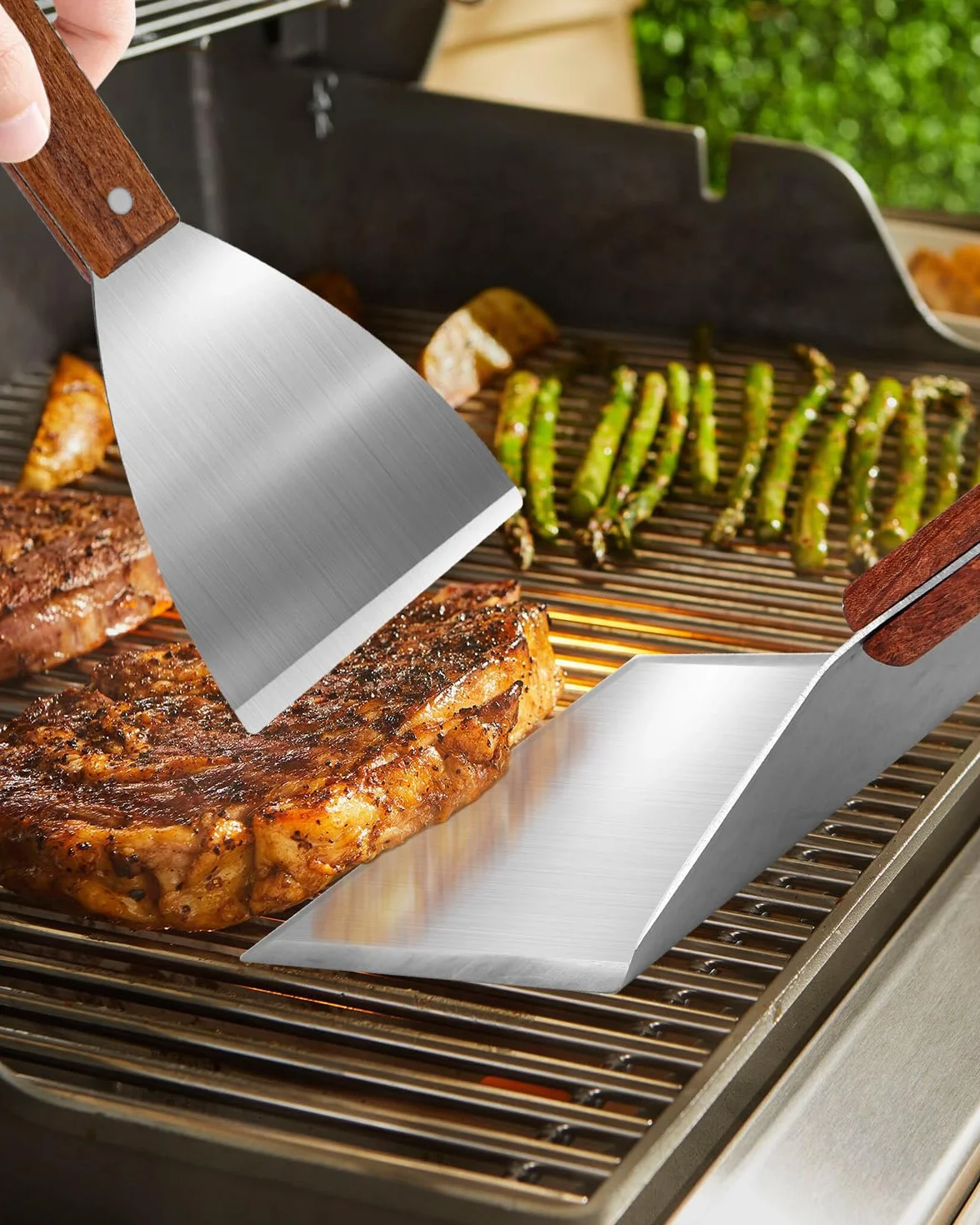 Set de Spatules Barbecue Acier Inoxydable avec Retourneur Grillades et Écraseur Burgers