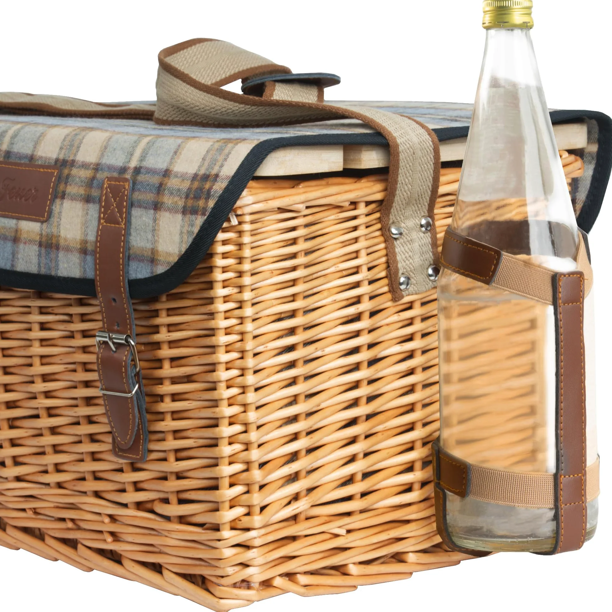 CampFeuer Panier de pique-nique pour 4 personnes, avec set de vaisselle et table de service, 25 pièces, panier en osier avec sangle en cuir synthétique, sac de pique-nique, set de pique-nique