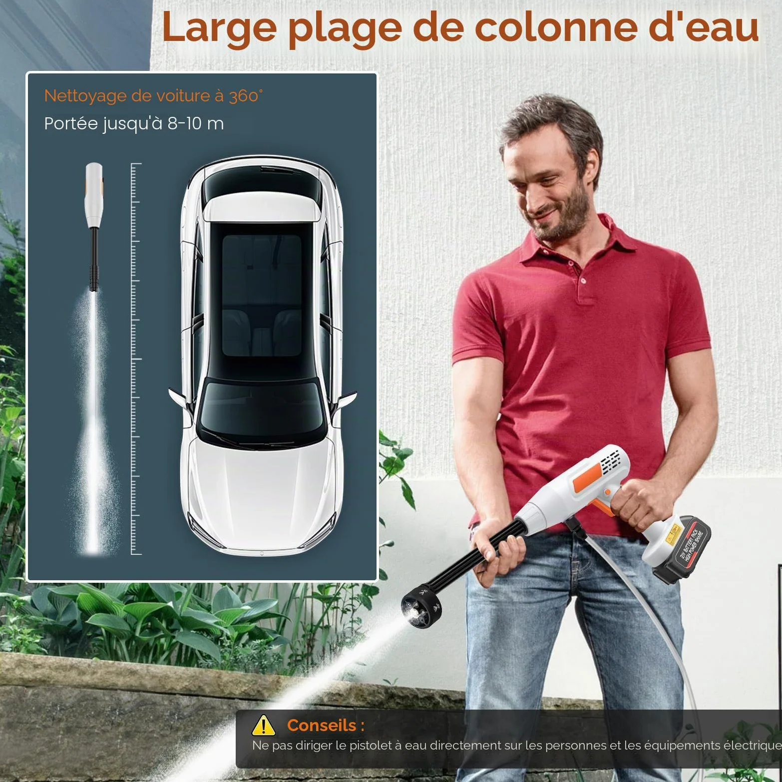 Nettoyeur Haute Pression sans Fil avec Buse 6 en 1, Nettoyeur Haute Pression sur Batterie Max. Pression 435 PSI, avec Cran de Sécurité, Tuyau de 5M, 300 L/H, pour Voiture, Jardin