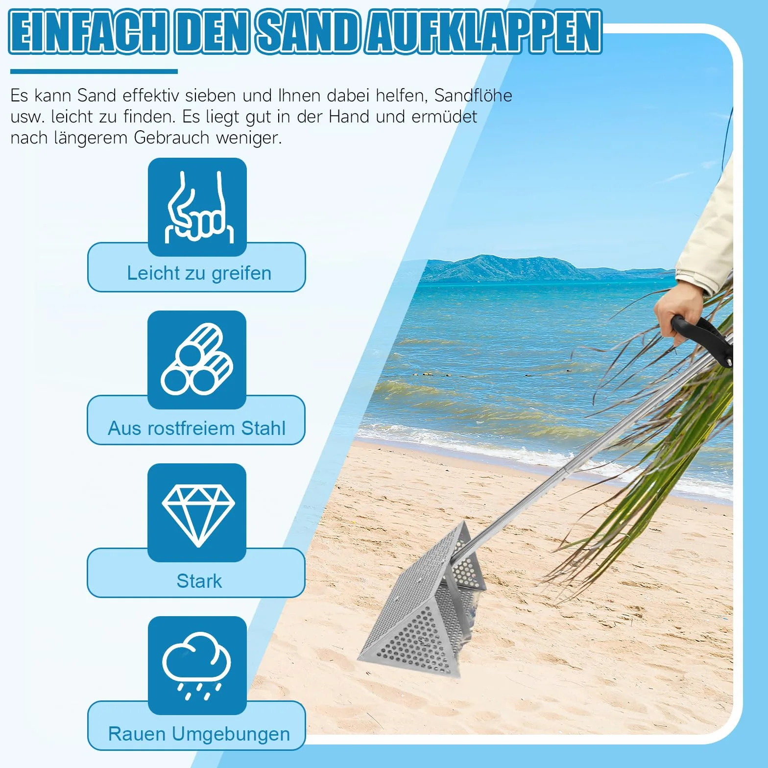 Râteau à puces - Grand tamis de plage en acier inoxydable avec manche de 138 cm et panier de 40 x 18 cm - Passoire de plage amovible pour la pêche à la plage et la récupération de la mer