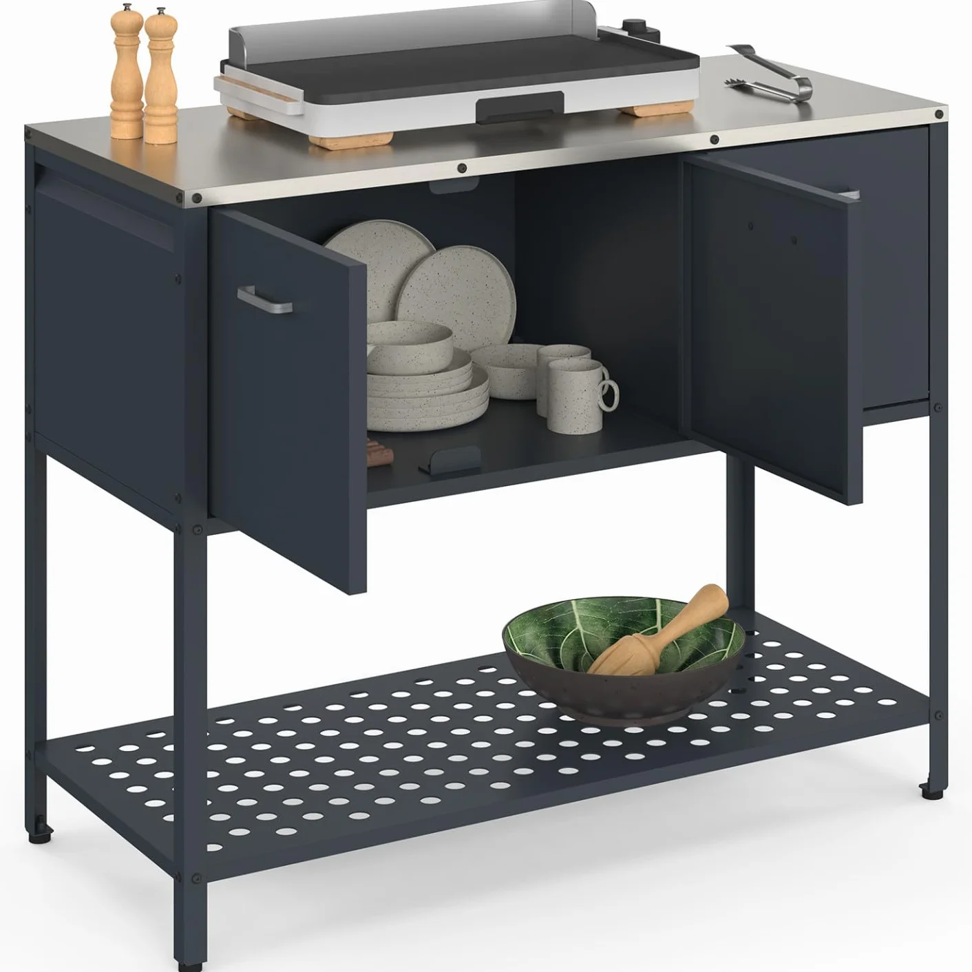 Meuble de Cuisine extérieure Pareo 3 Portes avec étagère en Acier Gris Anthracite