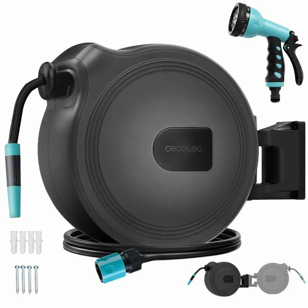Cecotec Enrouleur de Tuyau de 10m HydroShell 10, Technologie SlowReturn, Design Portable et Ergonomique, Inclut Buse Simple et Pistolet Pulvérisateur à 8 Fonctions, Connexion Universelle 3en1