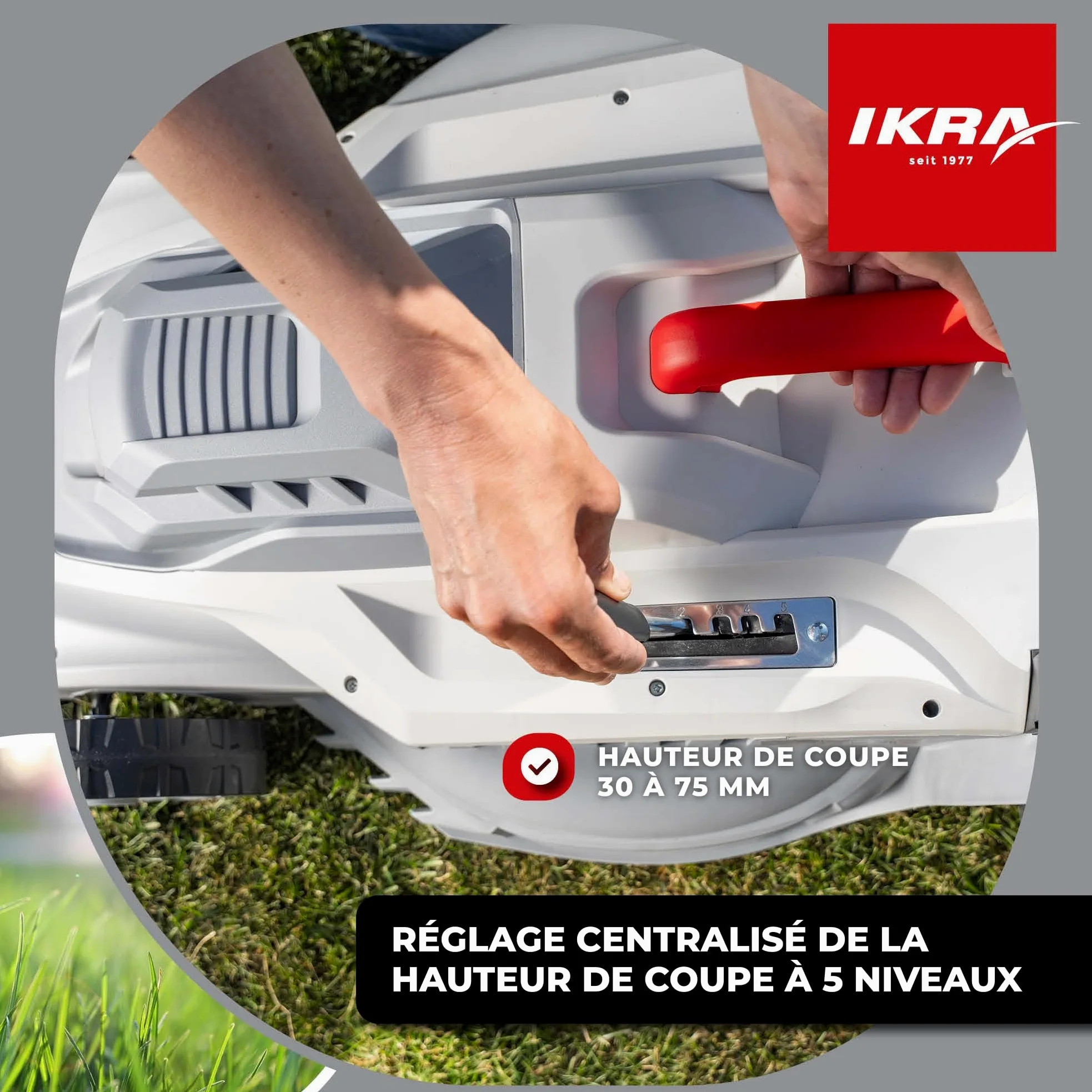 IKRA Tondeuse à Gazon électrique IERM 2043 T, 2000W, Largeur de Coupe 43 cm | Poignée réglable en hauteur sur 3 positions, hauteur de coupe réglable (30-75 mm), sac de 50 l et kit de mulching inclus