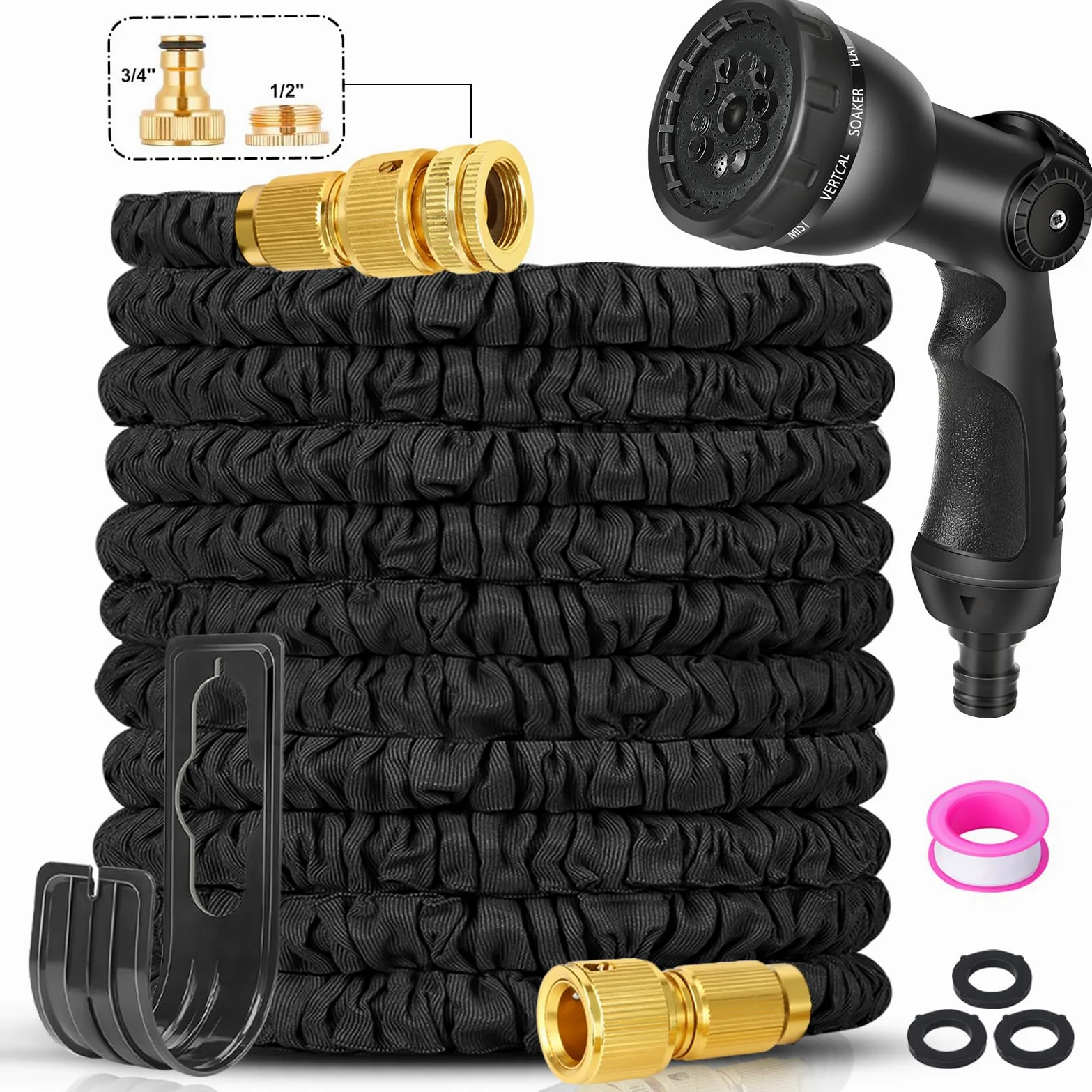 Tuyau d'arrosage extensible de 30,5 m – Tuyau d'arrosage avec pistolet à 10 fonctions et raccords en laiton de 1,9 cm, 1,27 cm, tuyau d'arrosage flexible sans nœud, 3 couches de latex dans un tuyau
