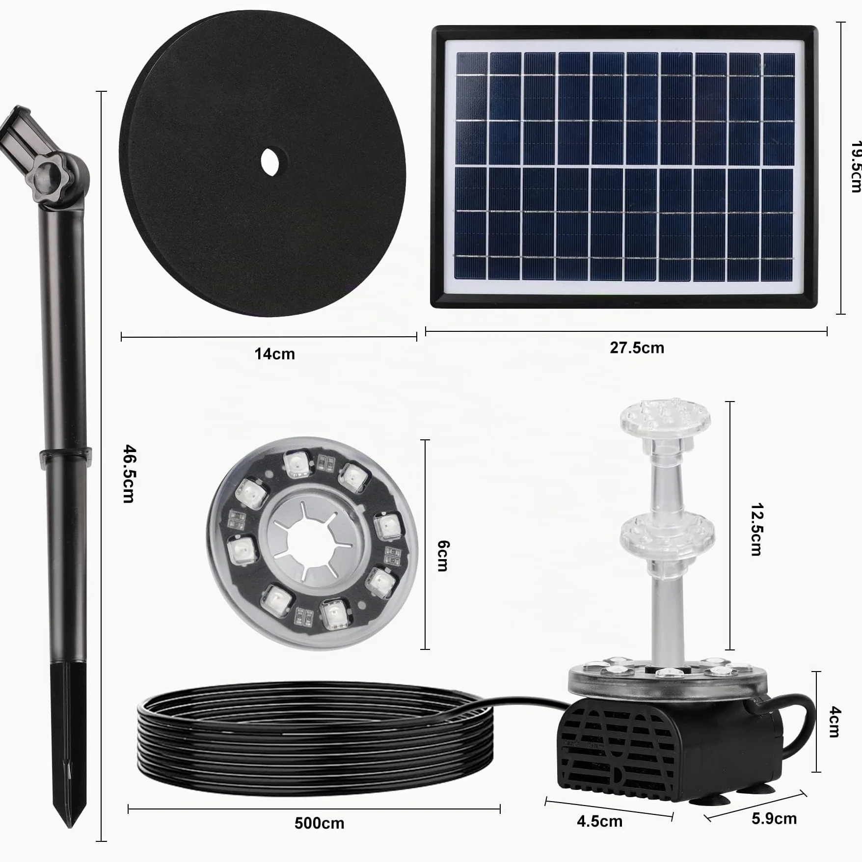 Fontaine Solaire LED avec Panneau Solaire 7W, Batterie 5000 Mah intégrée, 10 Styles de Fontaine pour Jardin, Bain d'oiseaux et étang