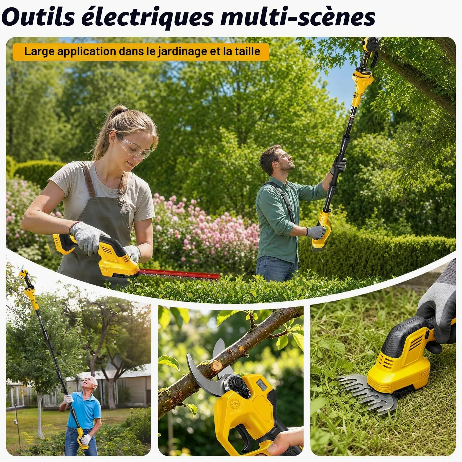 Mini Tronconneuse avec Perche 8 Pouces & Secateur Electrique Telescopique 28 mm & Taille-haie 310mm pour Dewalt 18 V, 20 V batterie, 6 en 1 Élagueuse sur Perche, Portée Maximale 4,5 m 130 220 Com