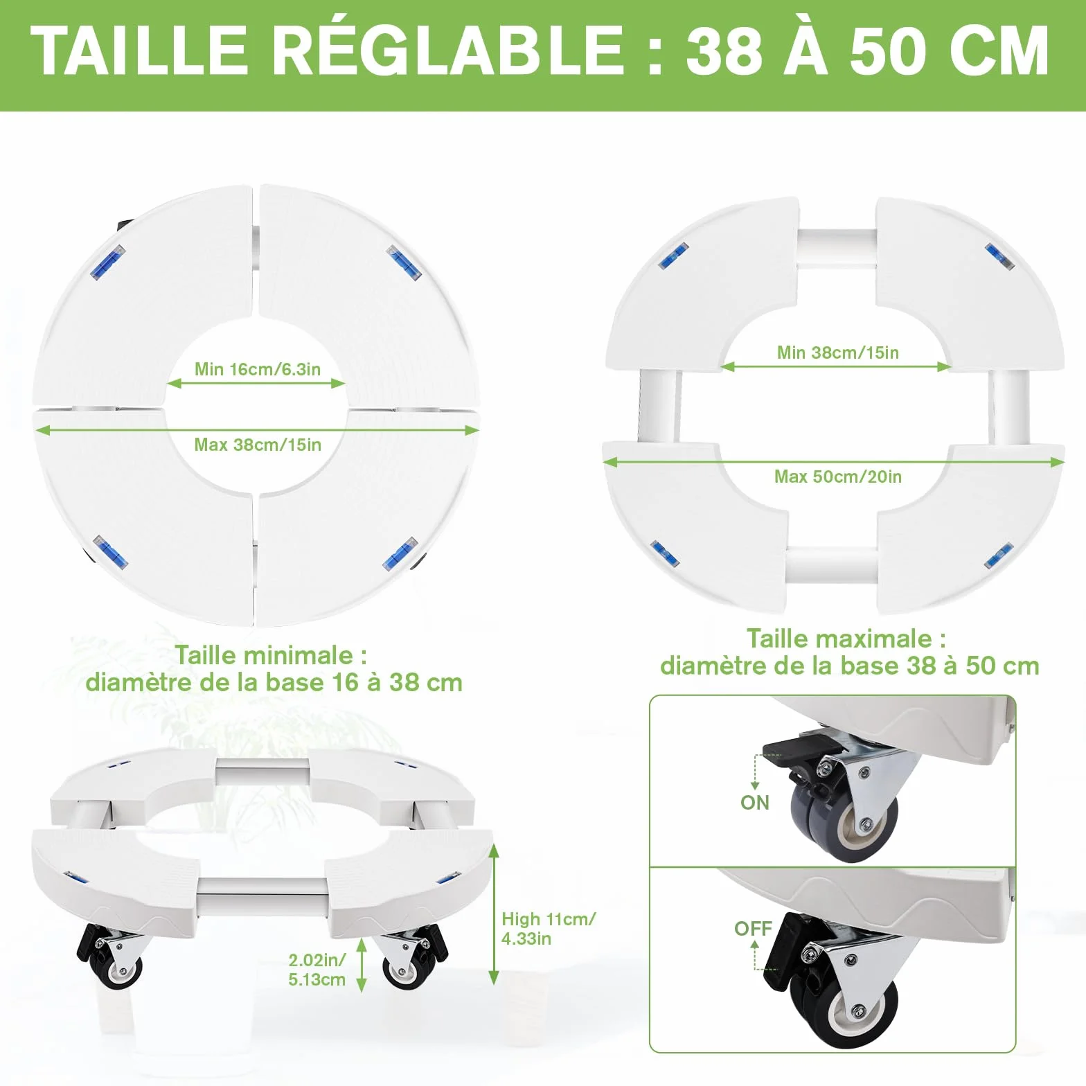 DEWEL Support Roulette Porte Plante Réglable 38-50cm, Capacité de Charge 200 kg
