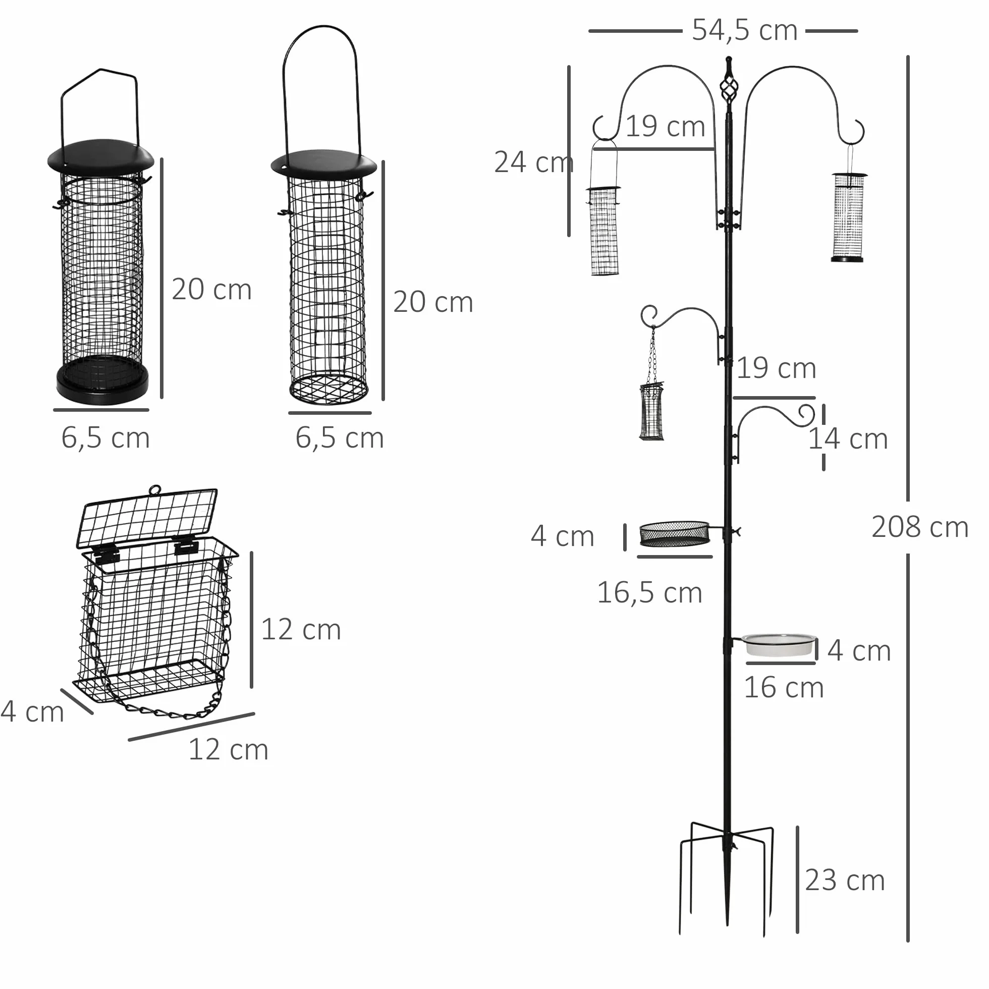 PawHut Station d'alimentation pour Oiseaux en Acier avec 4 Crochets, Mangeoir sur Pied 208H cm, Noir